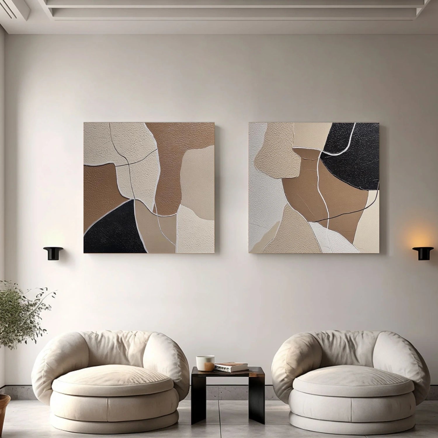 Beige & Brown Abstract Textured Square Set of 2 Wall Art #AB 562