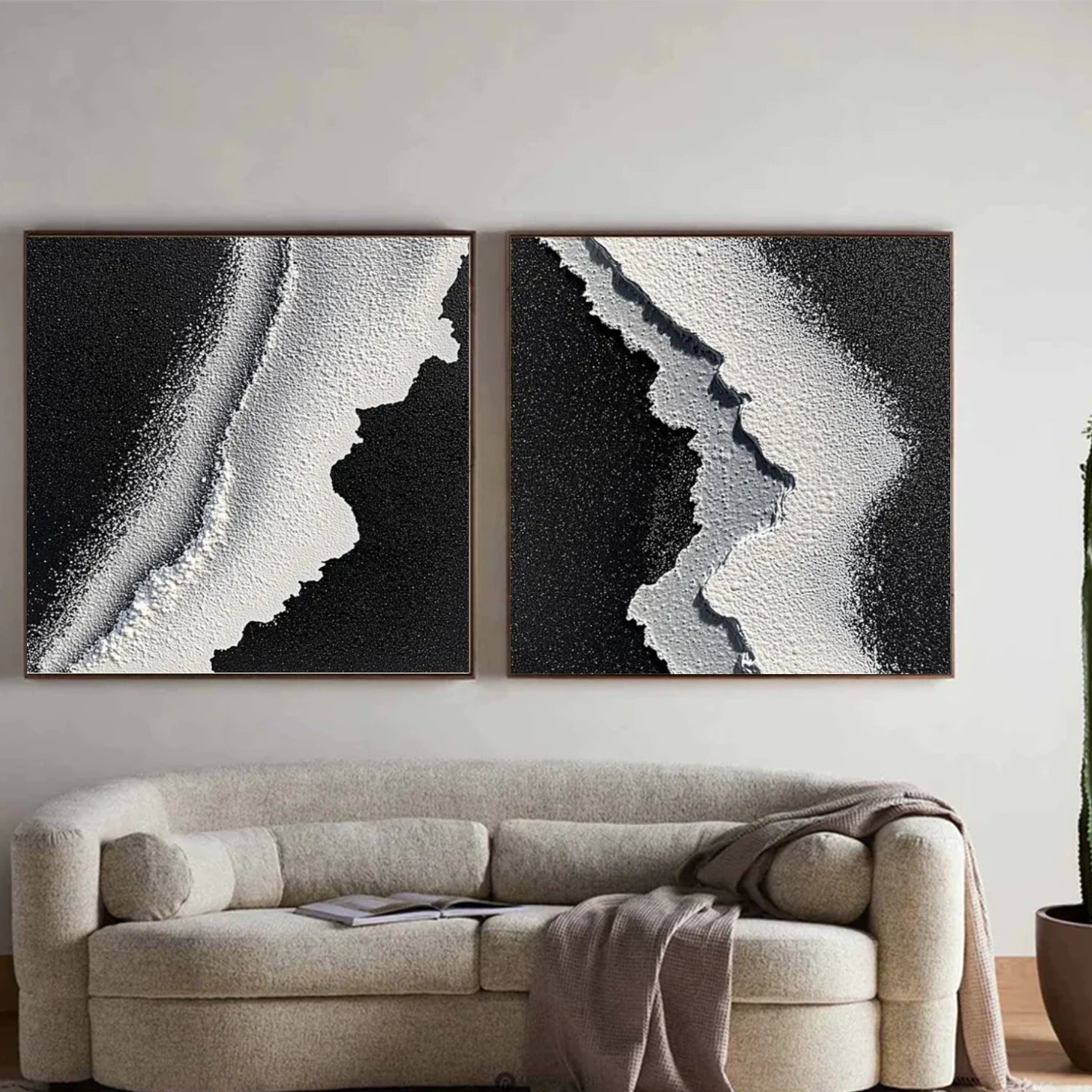 Black & White Ocean And Sky Abstract Textured Square Set of 2 Canvas Art #OS 315