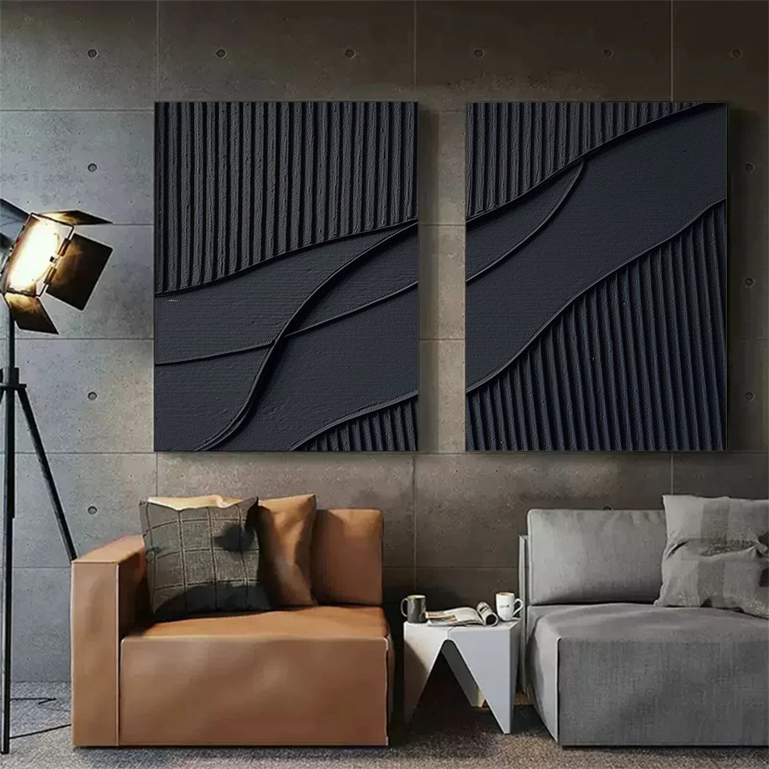 Black Plaster Art Minimalist Textured Paintings Set of 2 #MZ043