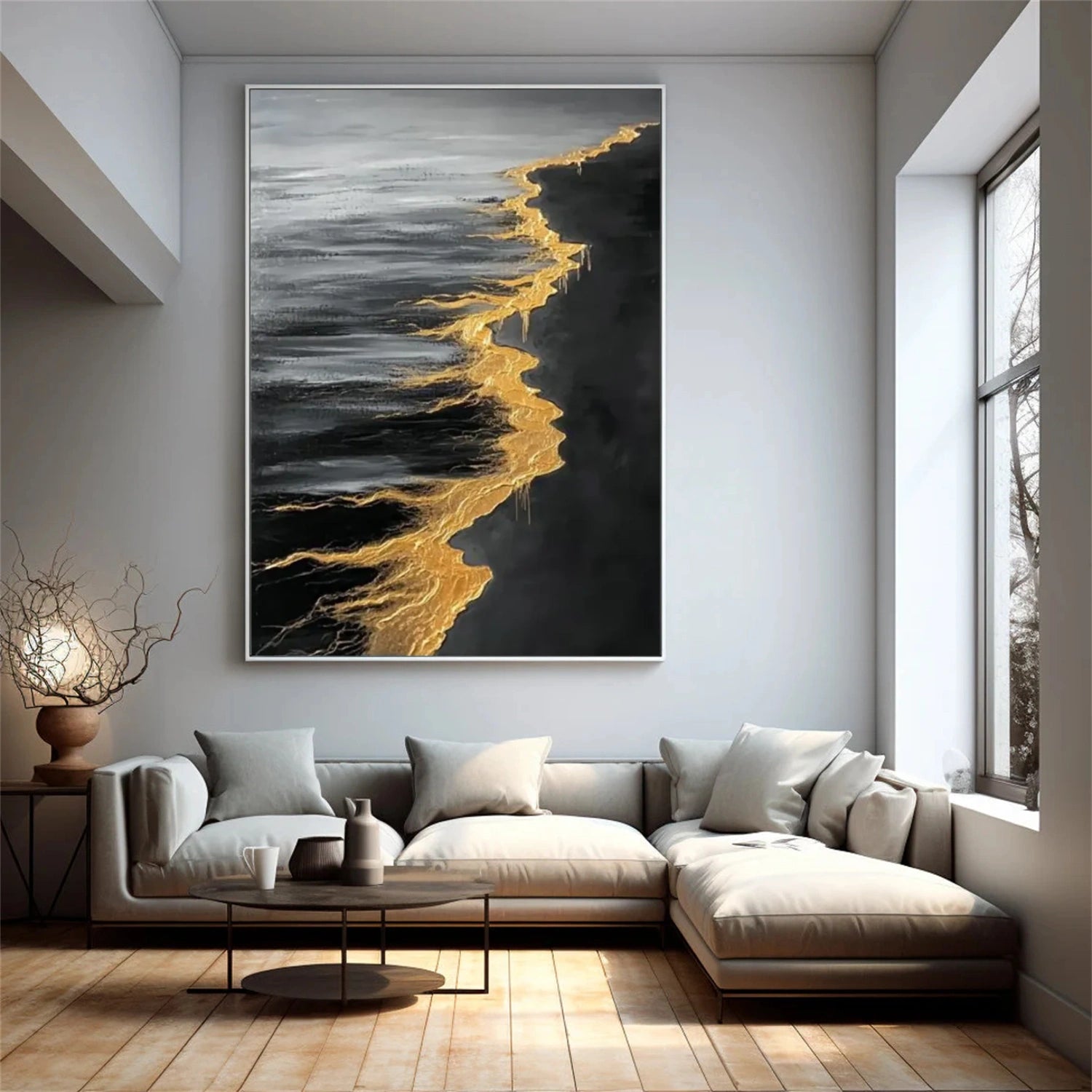 Black & Gold Ocean And Sky Abstract Textured Canvas Art #OS 312