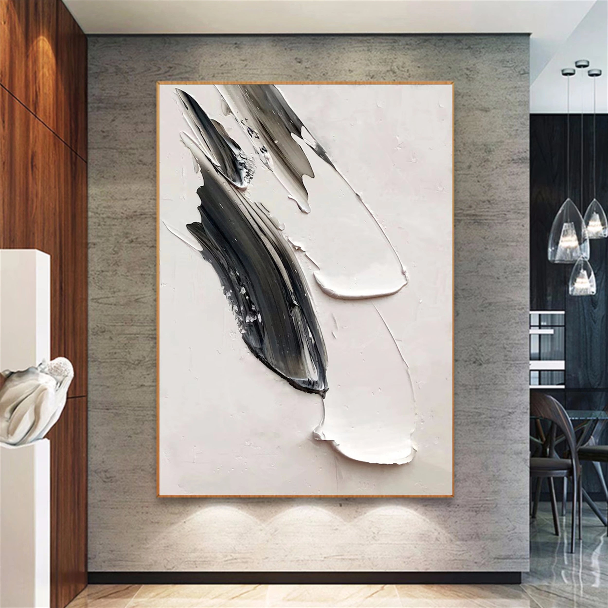 White & Black Minimalist Textured Painting Canvas #MM135