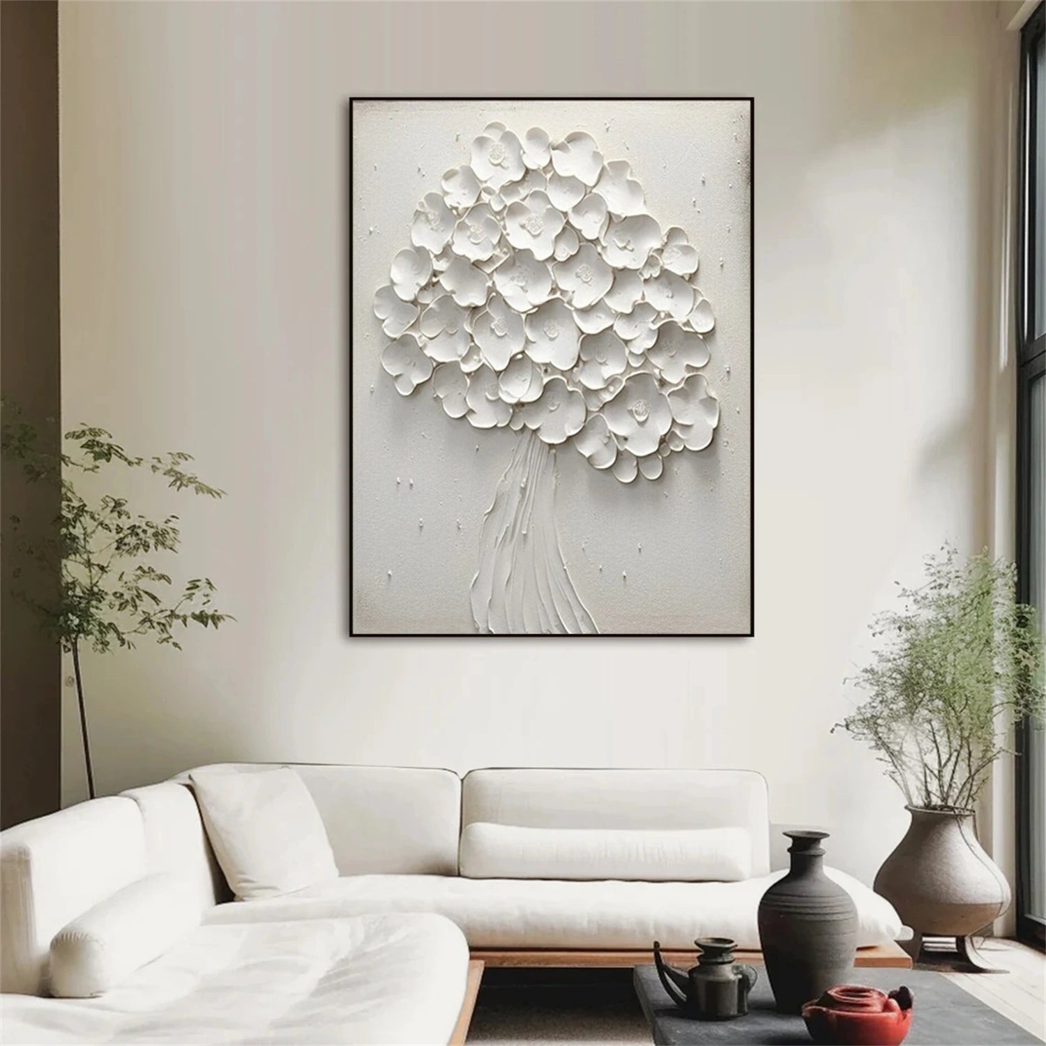 White Flower & Tree Abstract Texturte Canvas Art #FT 241