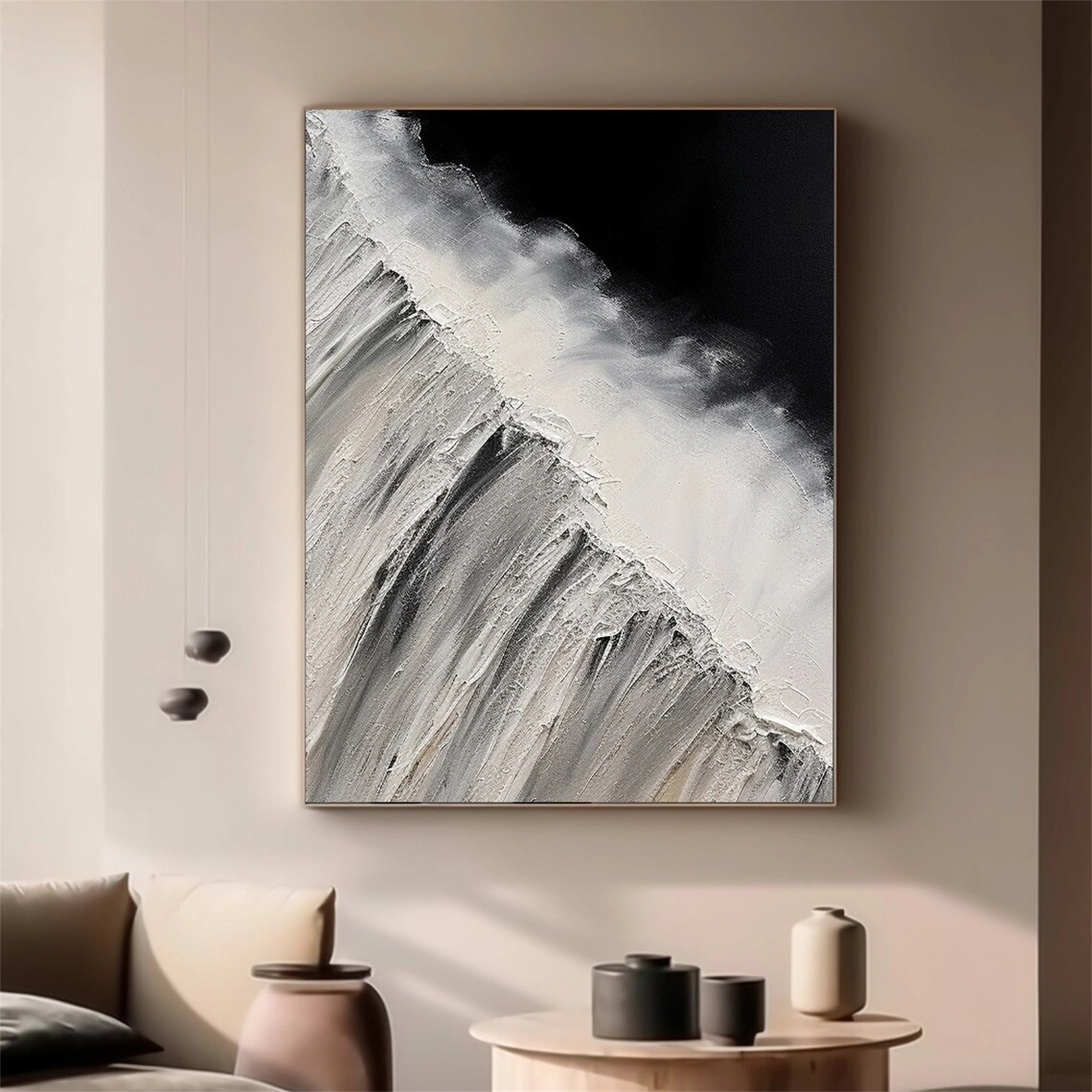 White & Black Minimalist Textured Painting Canvas #MM155