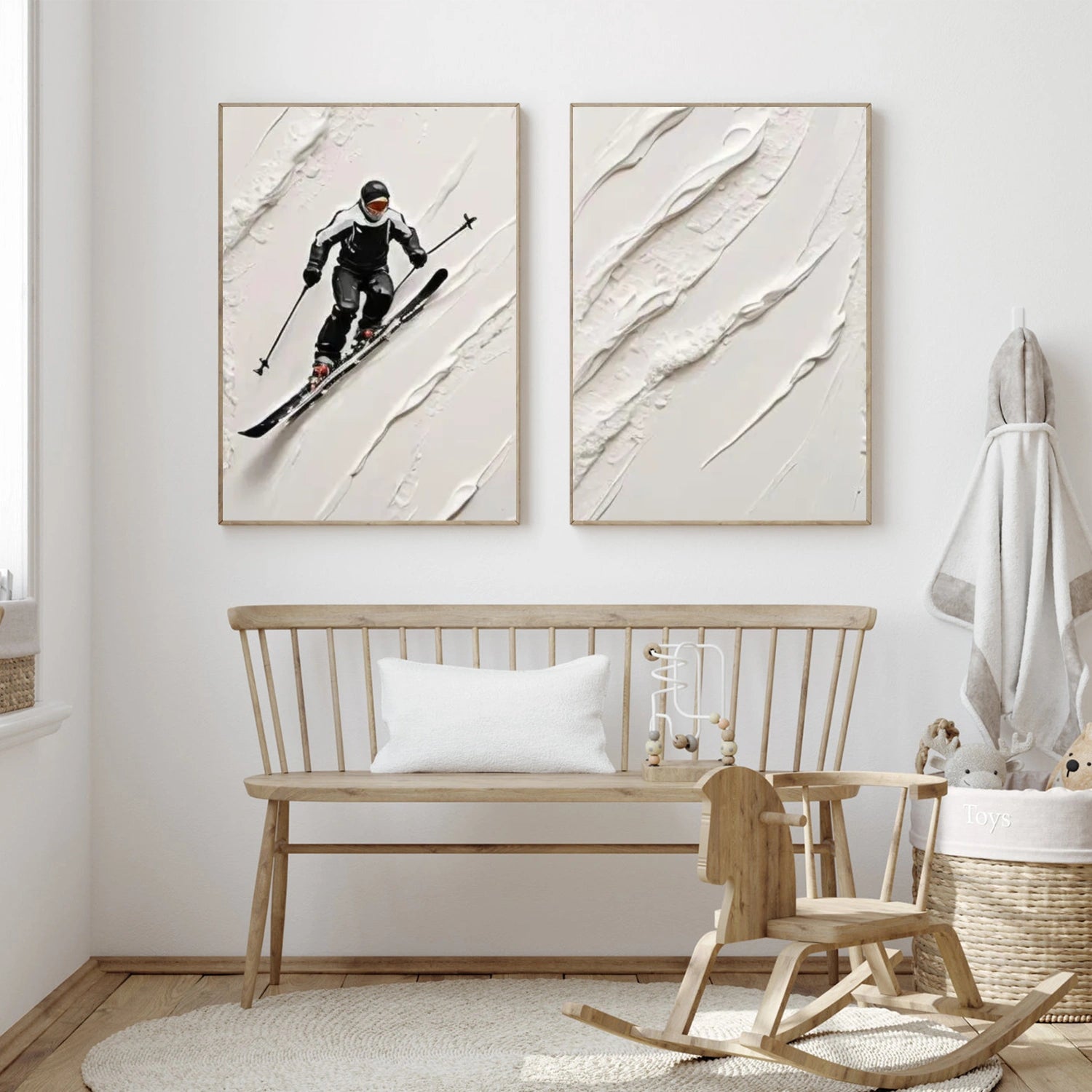 Beige & Black Skiing Sport Art Textured Set of 2 Painting Canvas # SA037