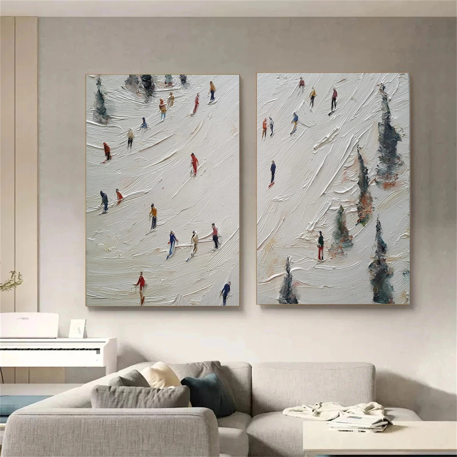 Skiing Sport Art Textured Painting Canvas Set of 2 # SA064