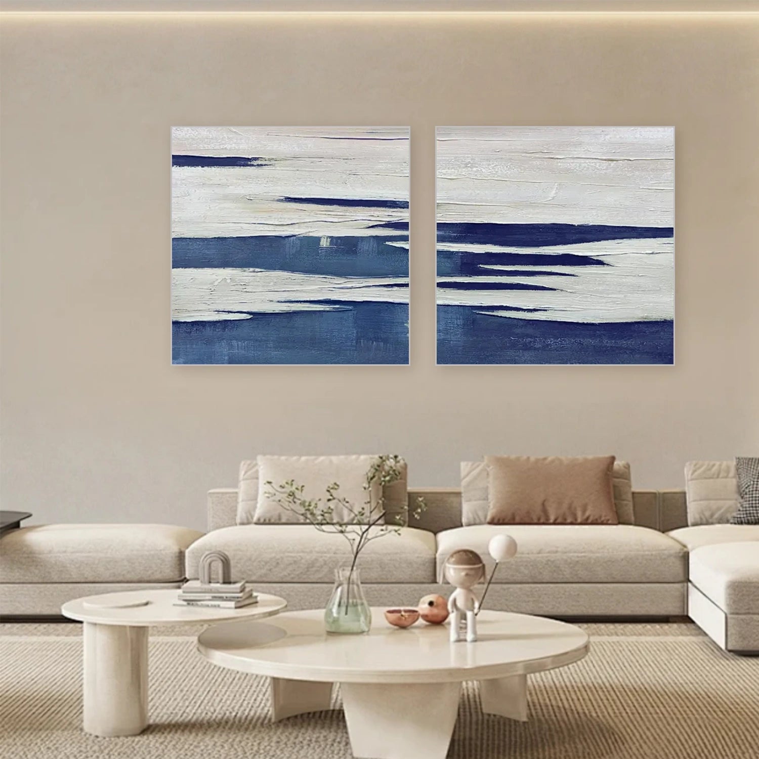 Blue & White Abstract Textured Square Set of 2 Wall Art #AB 509