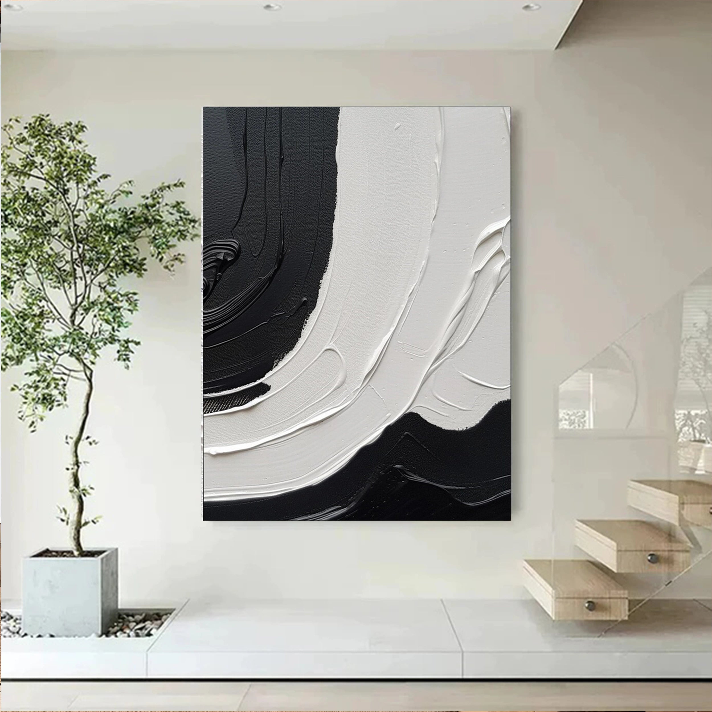 White & Black Minimalist Textured Painting Canvas #MM152