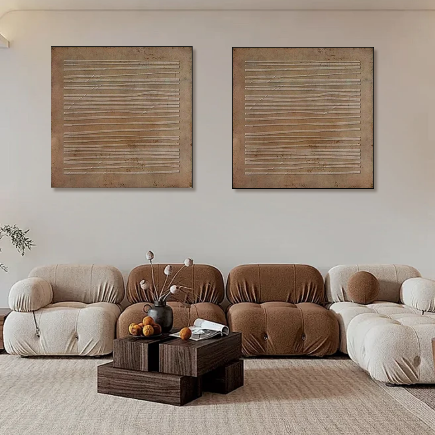 Beige & Brown Abstract Textured Square Set of 2 Wall Art #BB168