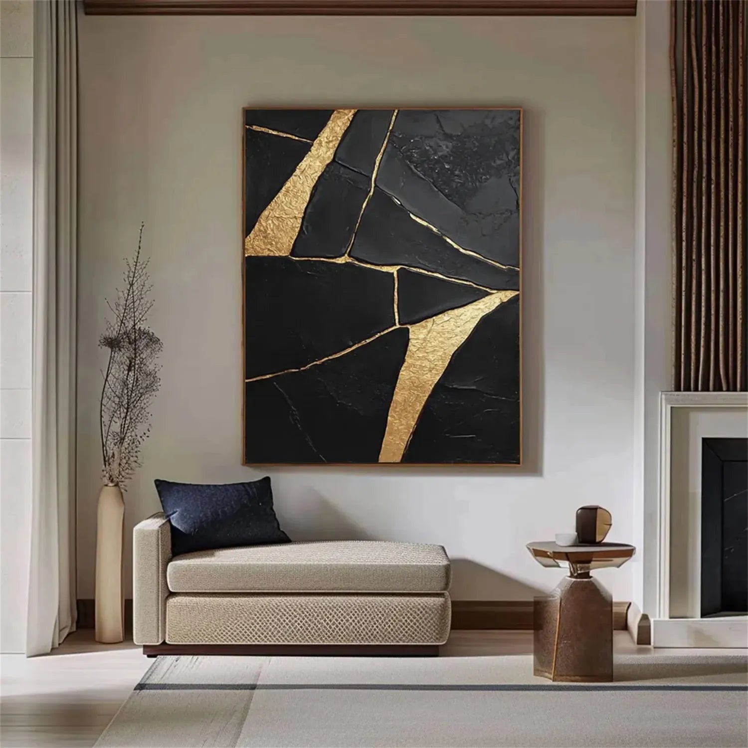 Black Gold Minimalist Textured Painting Canvas #MZ123