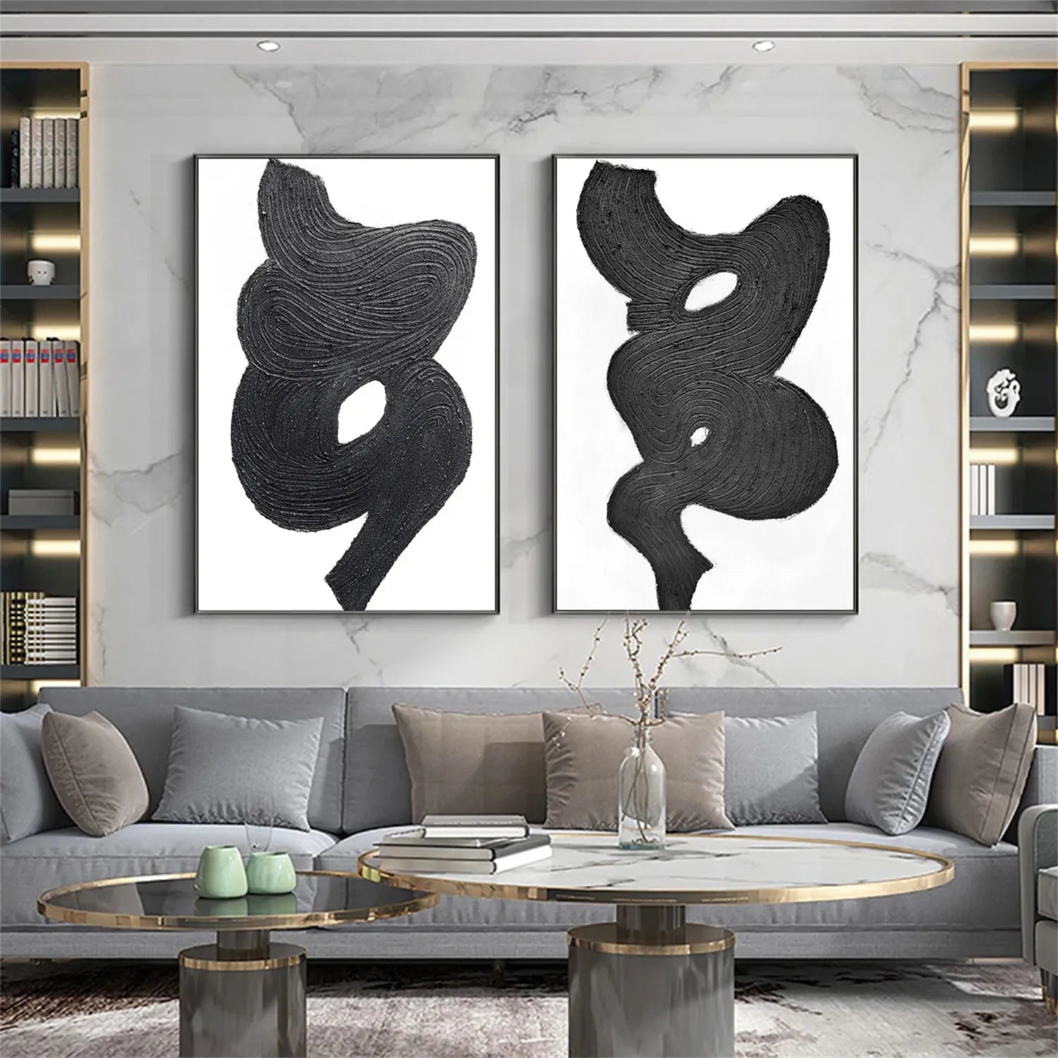 Black White Textured Minimalist Wall Art Set of 2 #MZ114