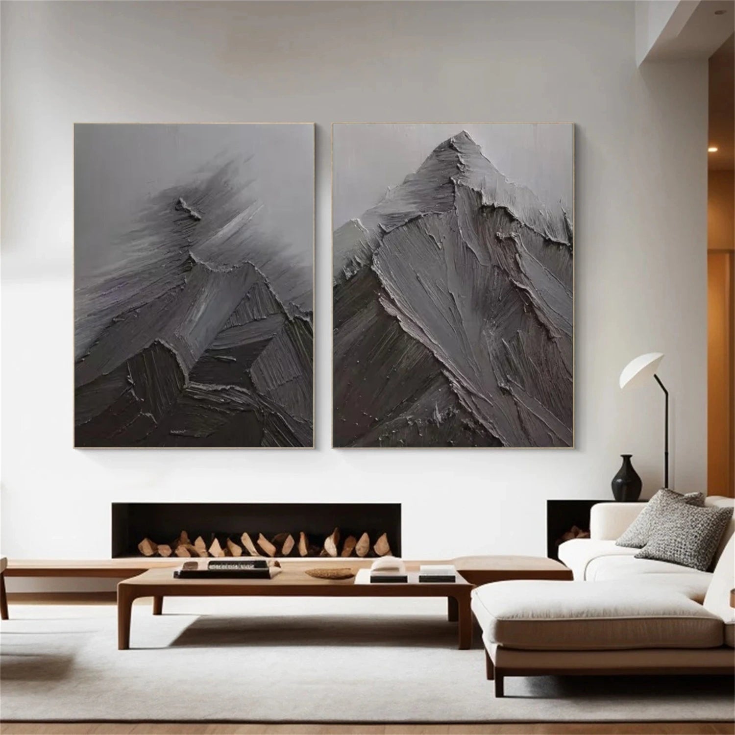 Black Minimalist Mountain Textured Set Of 2 Painting #MZ148