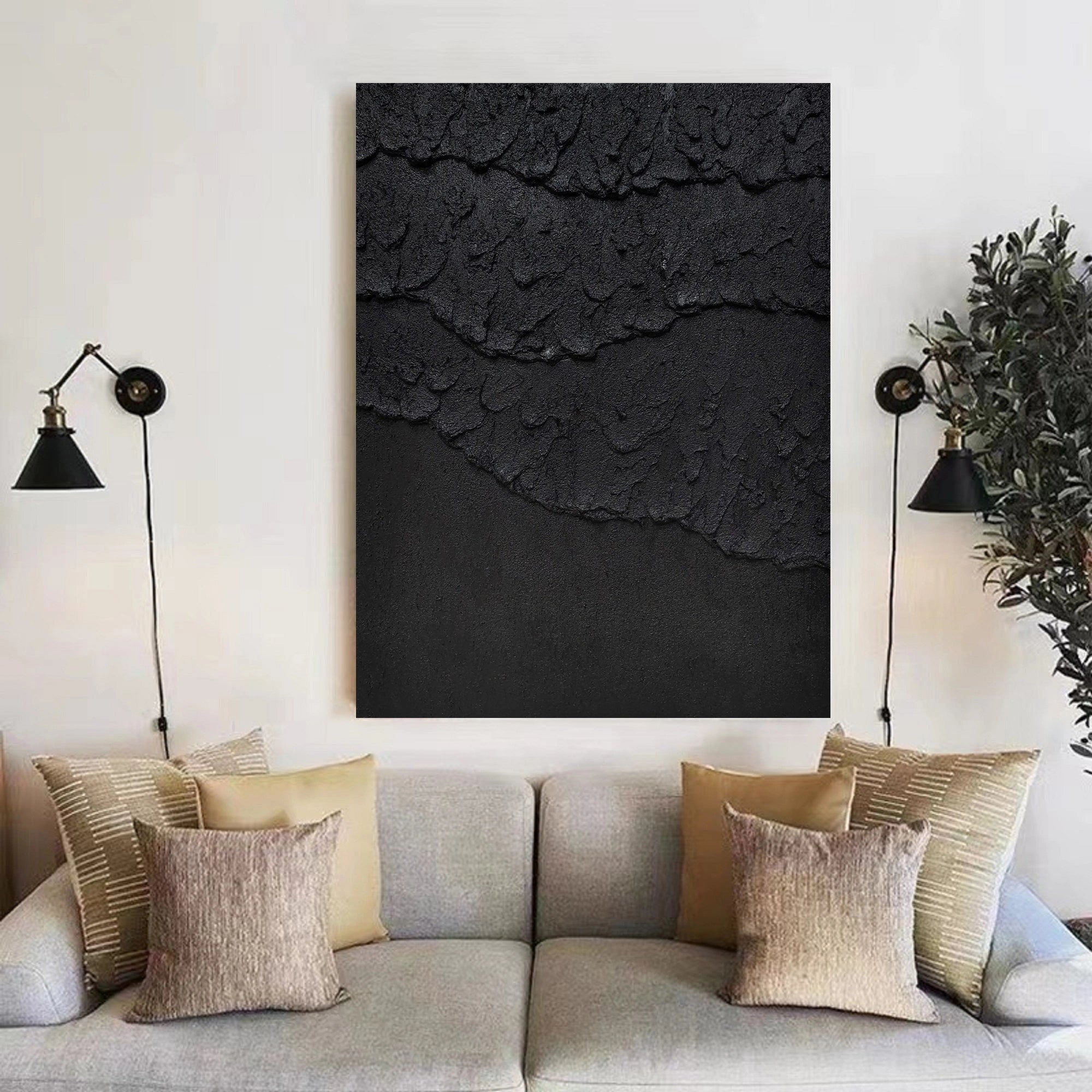 Black Plaster Art Minimalist Textured Painting #MZ017