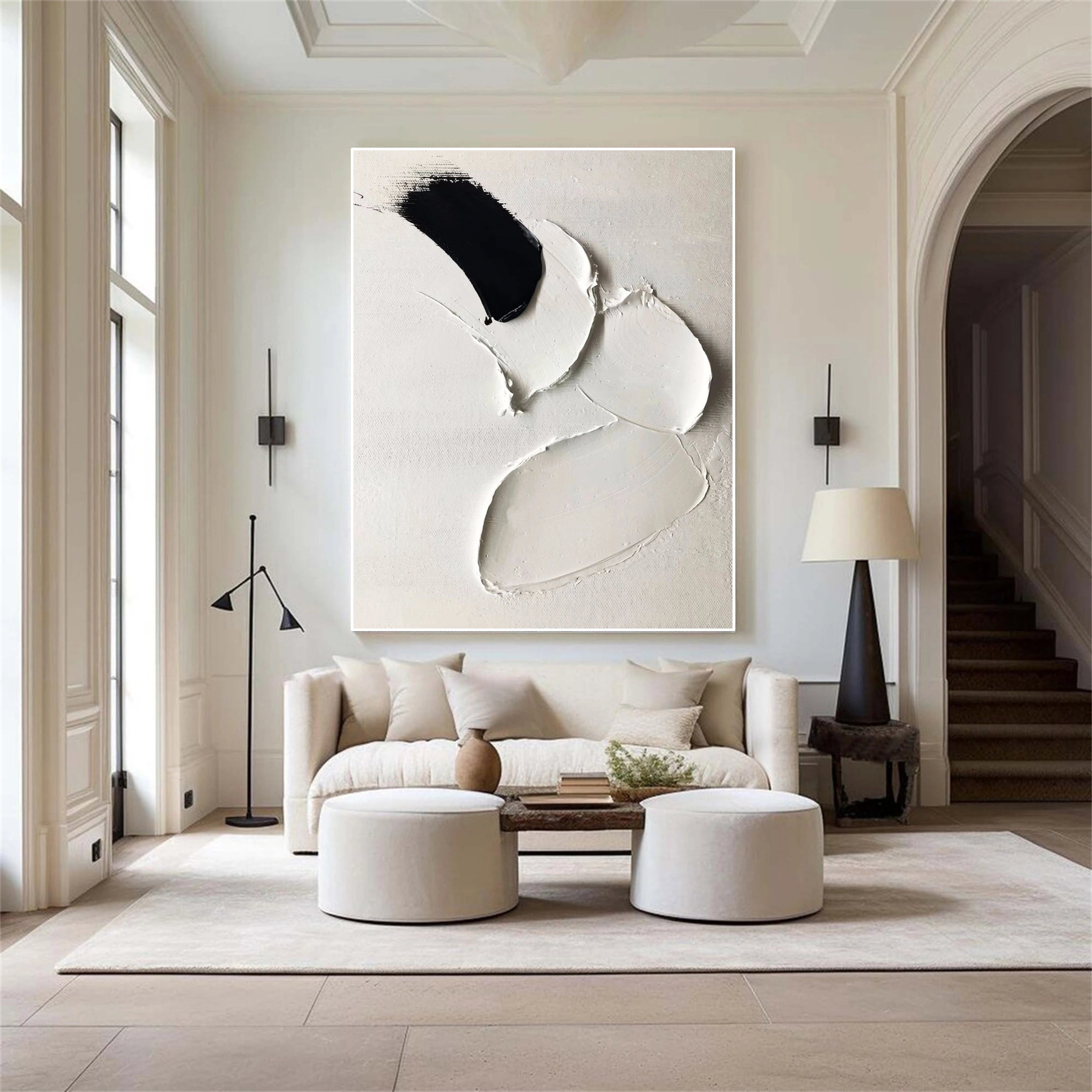 White & Black Minimalist Textured Painting Canvas #MM134