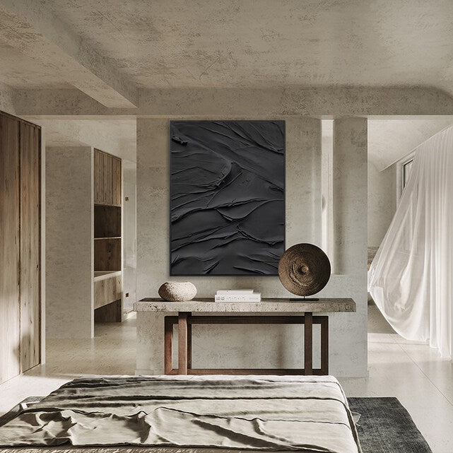 Black Plaster Art Minimalist Textured Painting #MZ048