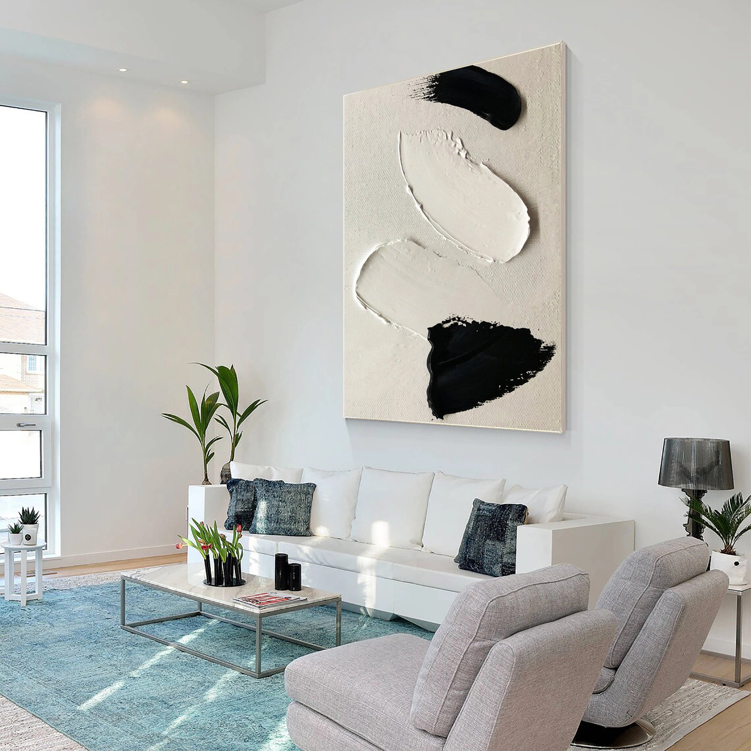 White & Black Minimalist Textured Painting Canvas #MM138