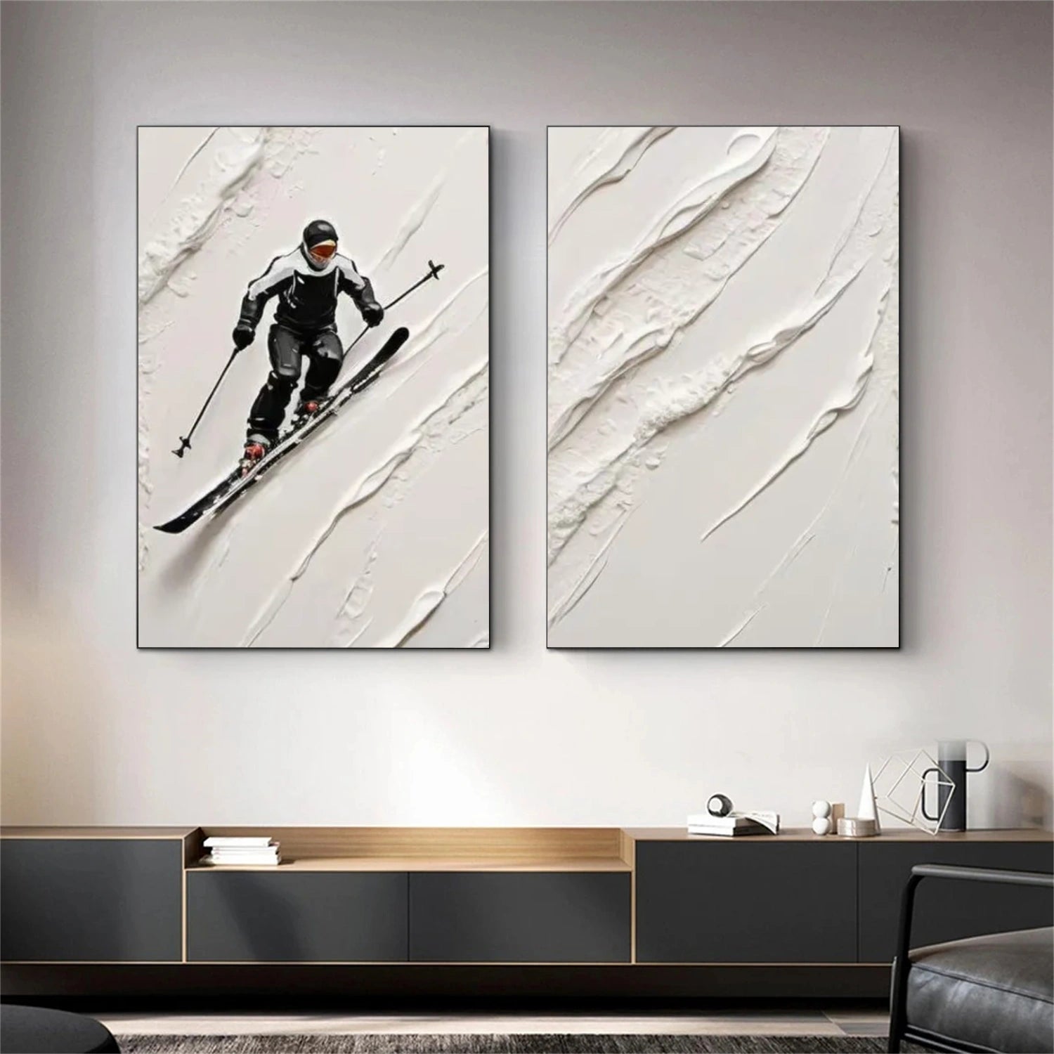 Beige & Black Skiing Sport Art Textured Set of 2 Painting Canvas # SA037