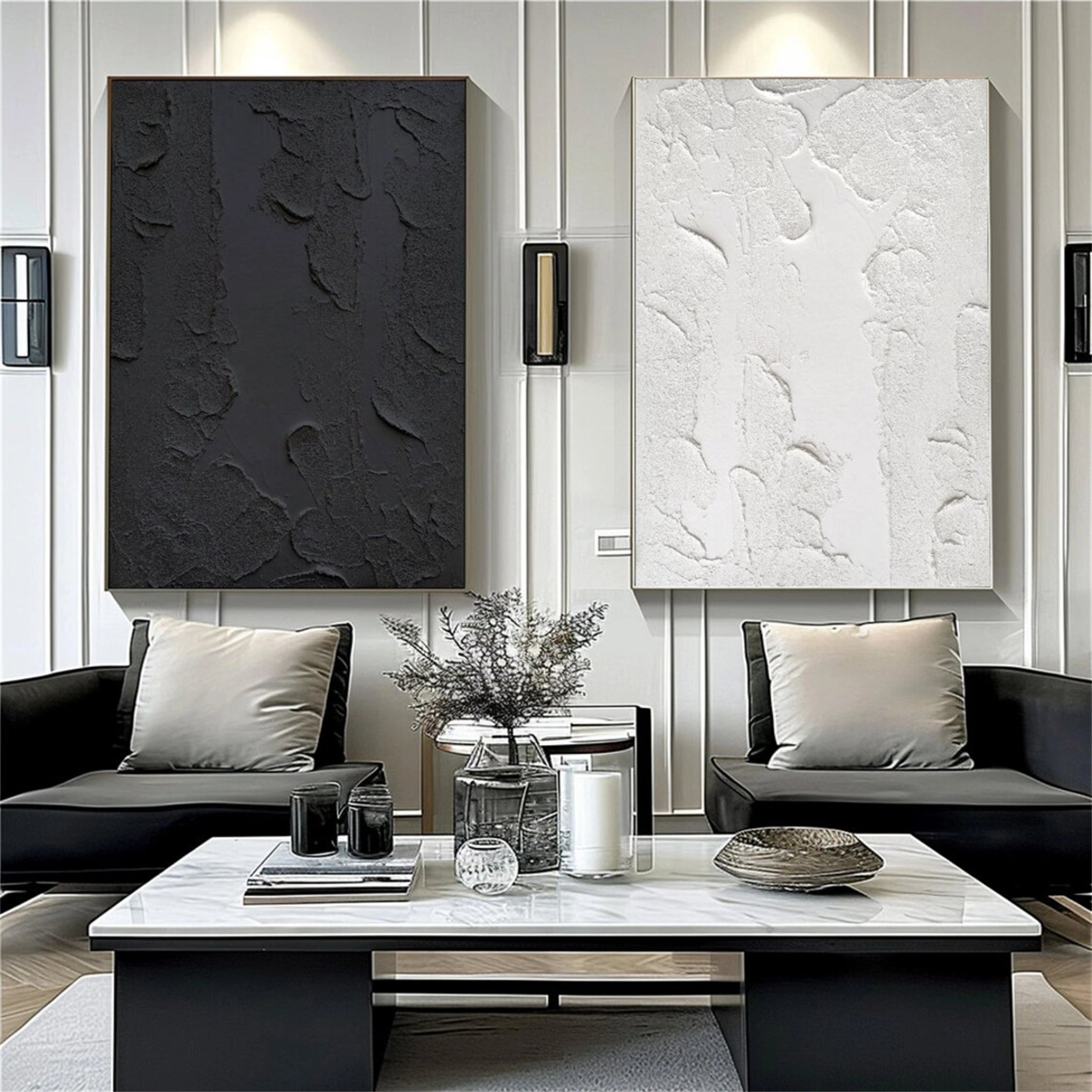 Black White Textured Minimalist Wall Art Set of 2 #MZ074