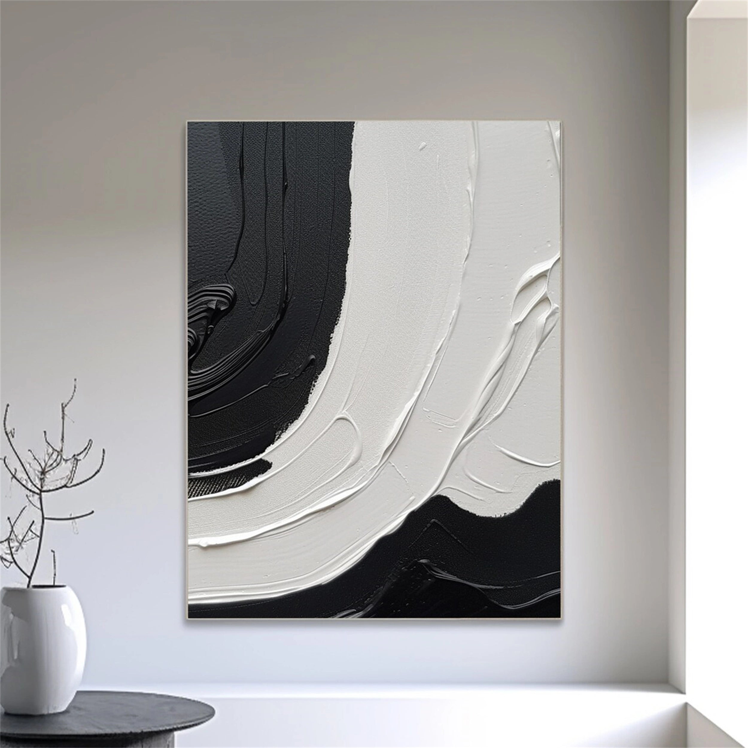 White & Black Minimalist Textured Painting Canvas #MM152