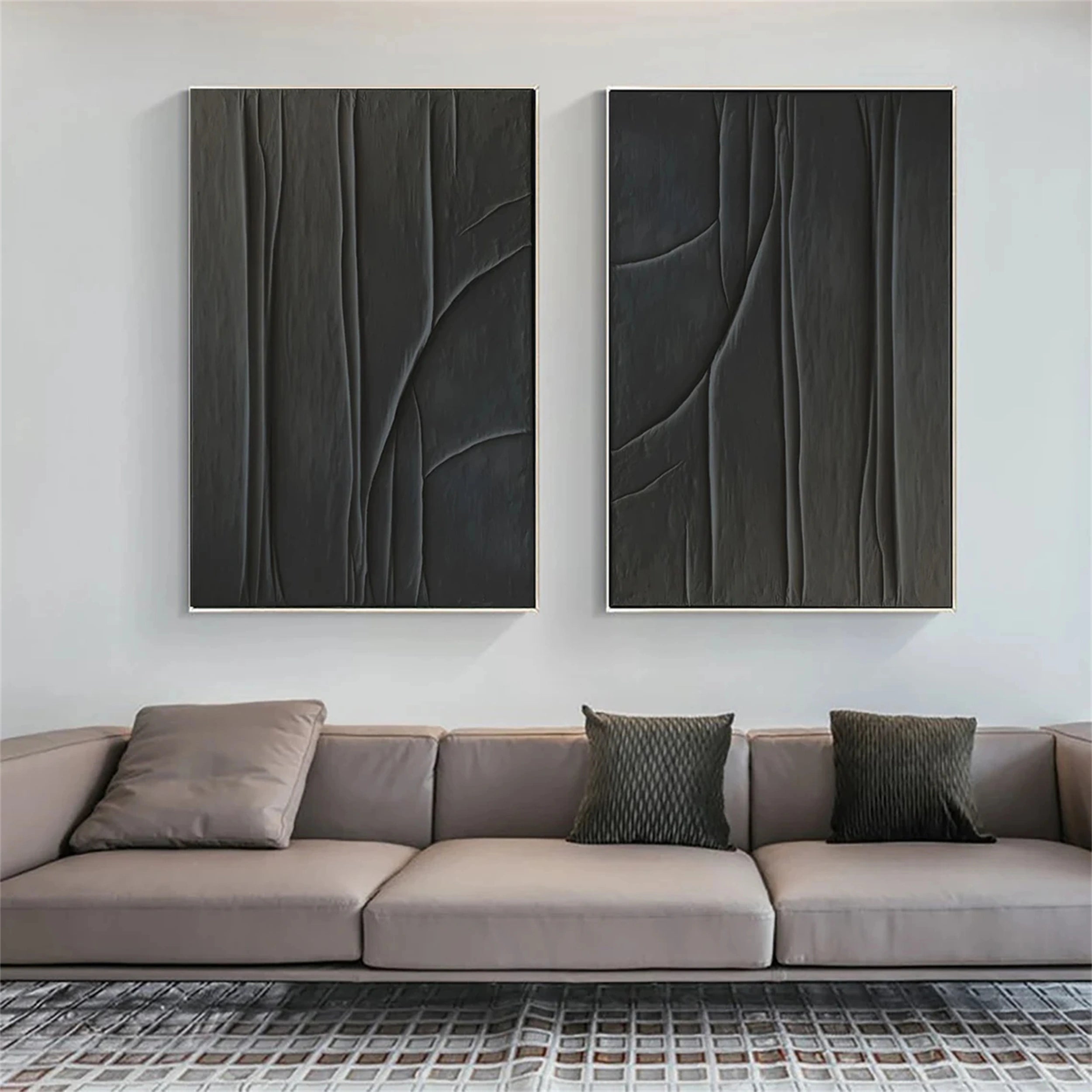 Black Minimalist Textured Painting Canvas Set of 2 #MZ078