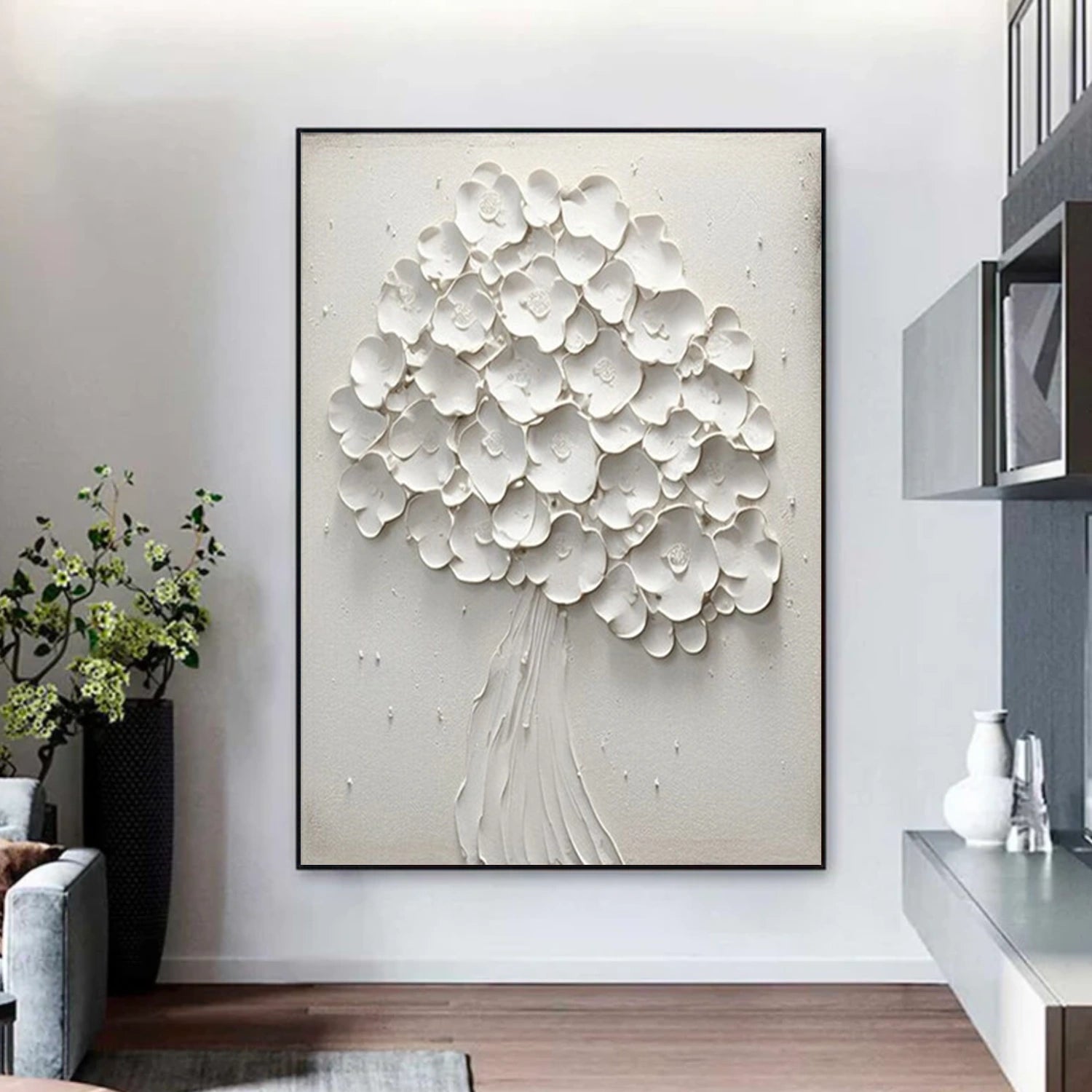 White Flower & Tree Abstract Texturte Canvas Art #FT 241