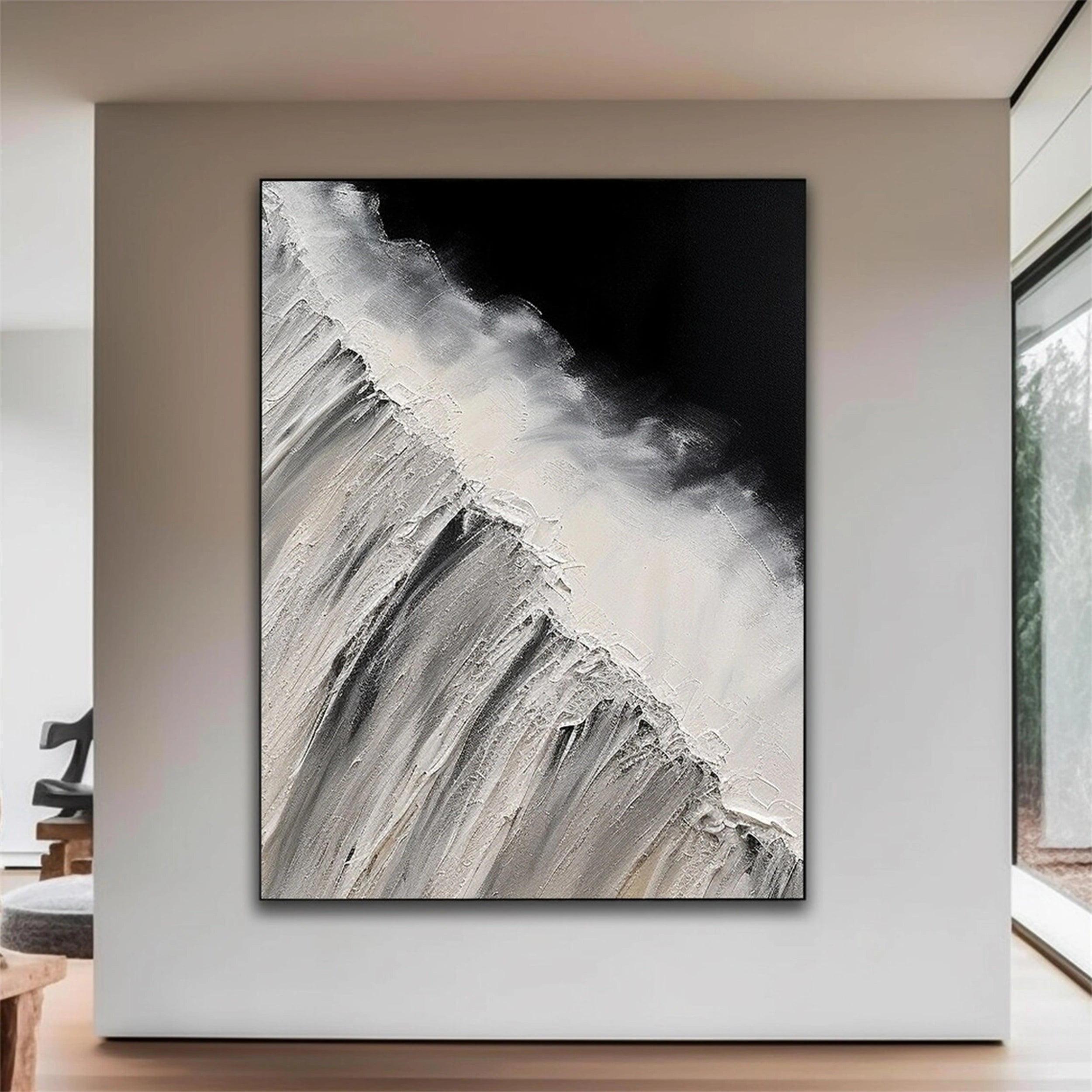 White & Black Minimalist Textured Painting Canvas #MM155