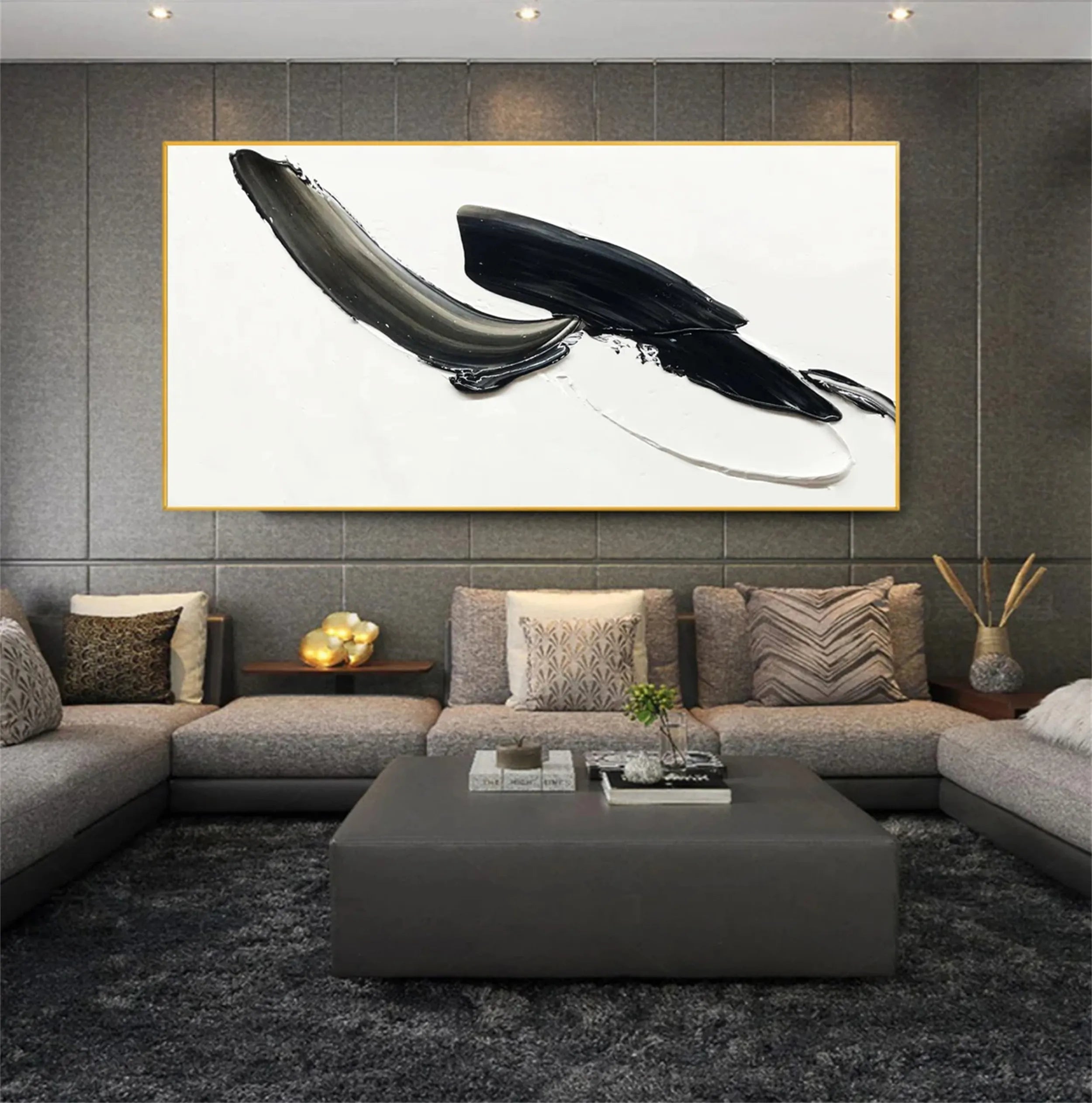 White & Black Minimalist Textured Painting Canvas #MM210