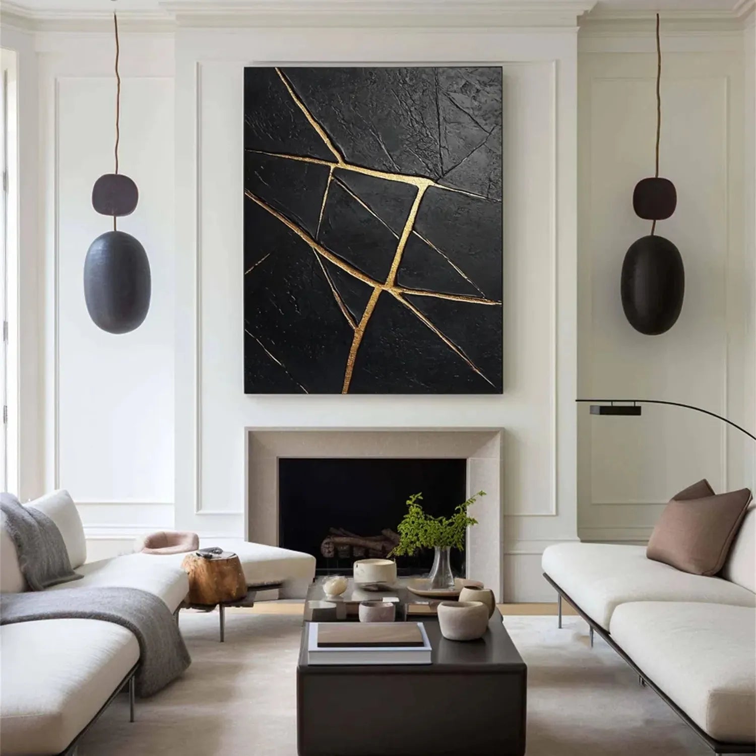 Black Gold Minimalist Textured Painting Canvas #MZ121