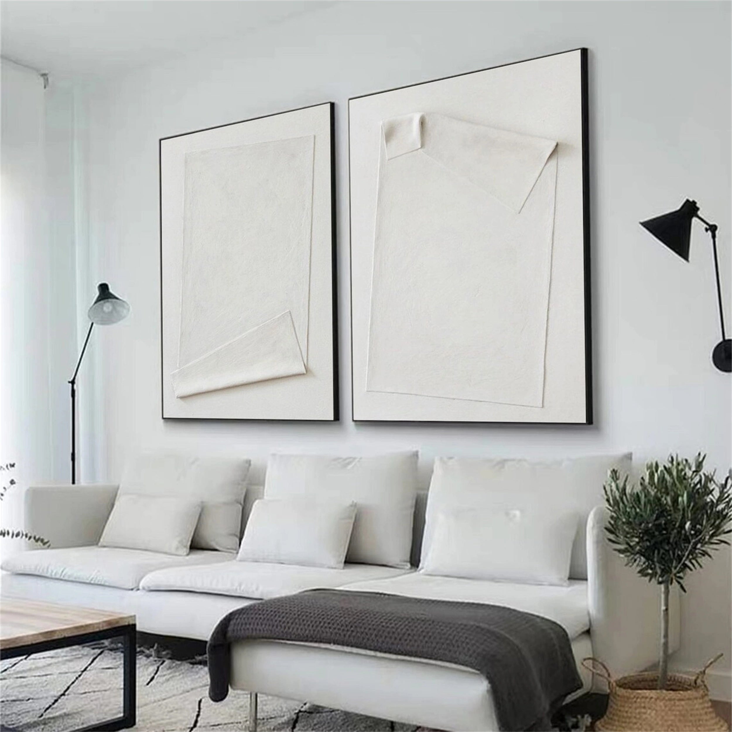 White Minimalist Textured Paintings Canvas Set of 2 #MM145