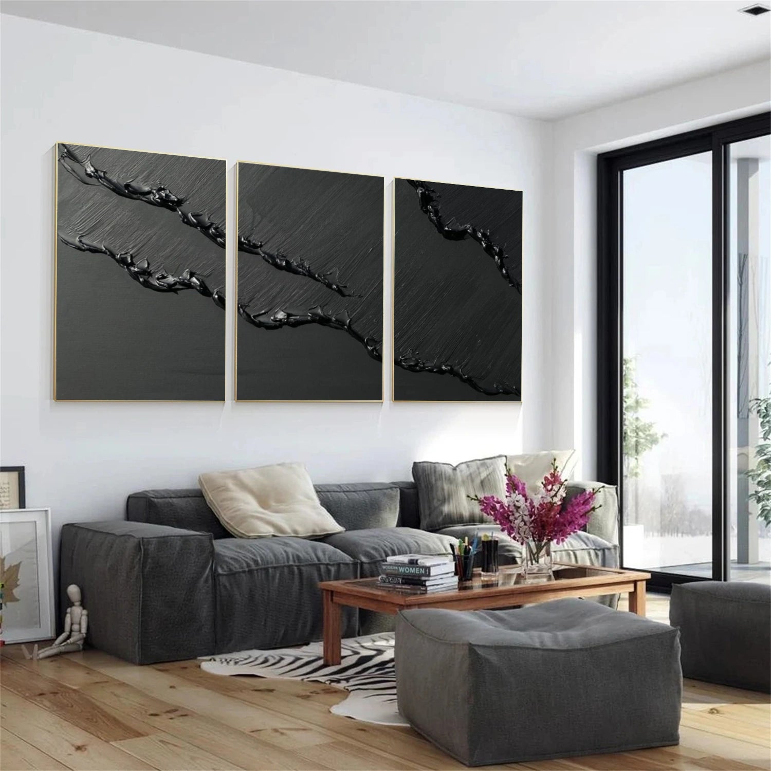 Black Minimalist Textured Set Of 3 Painting #MZ149