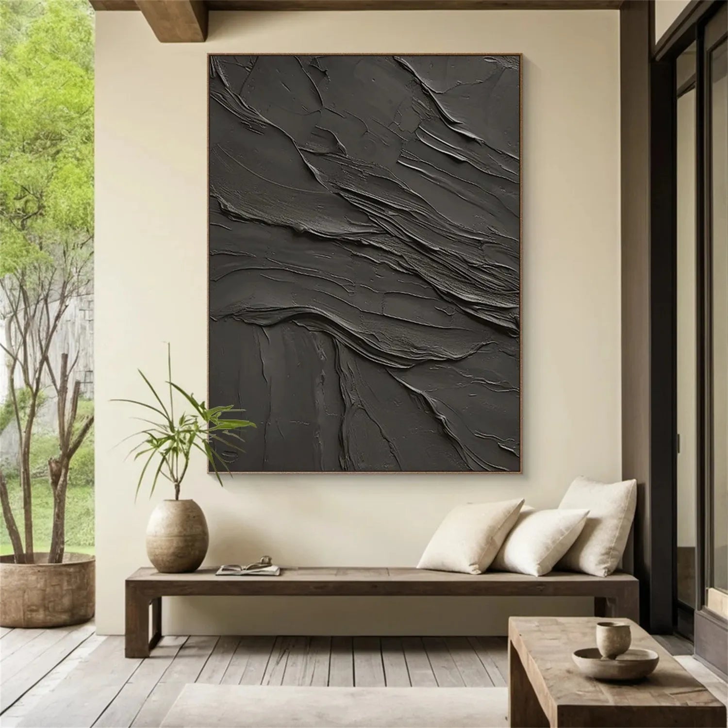 Black Plaster Art Minimalist Textured Painting #MZ111