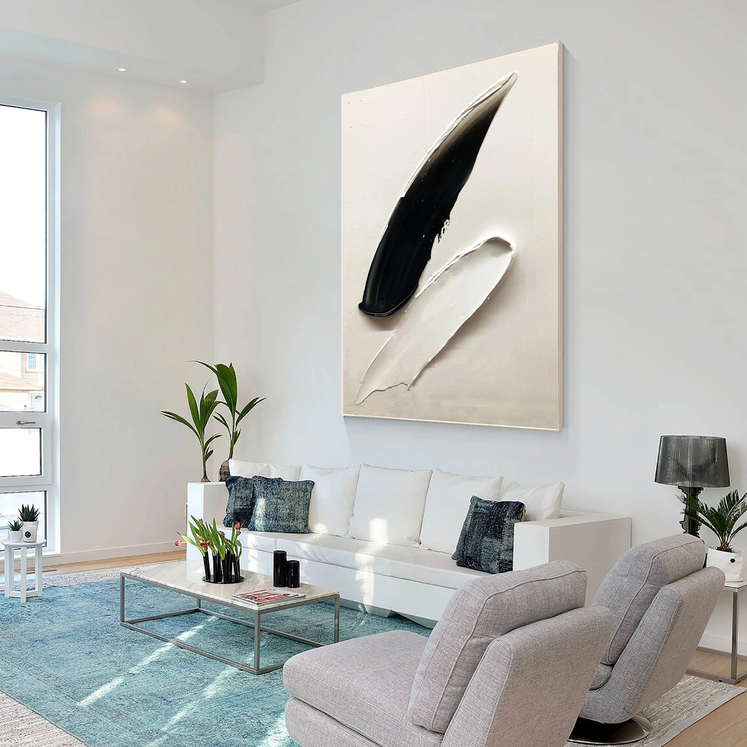 White & Black Minimalist Textured Painting Canvas #MM137