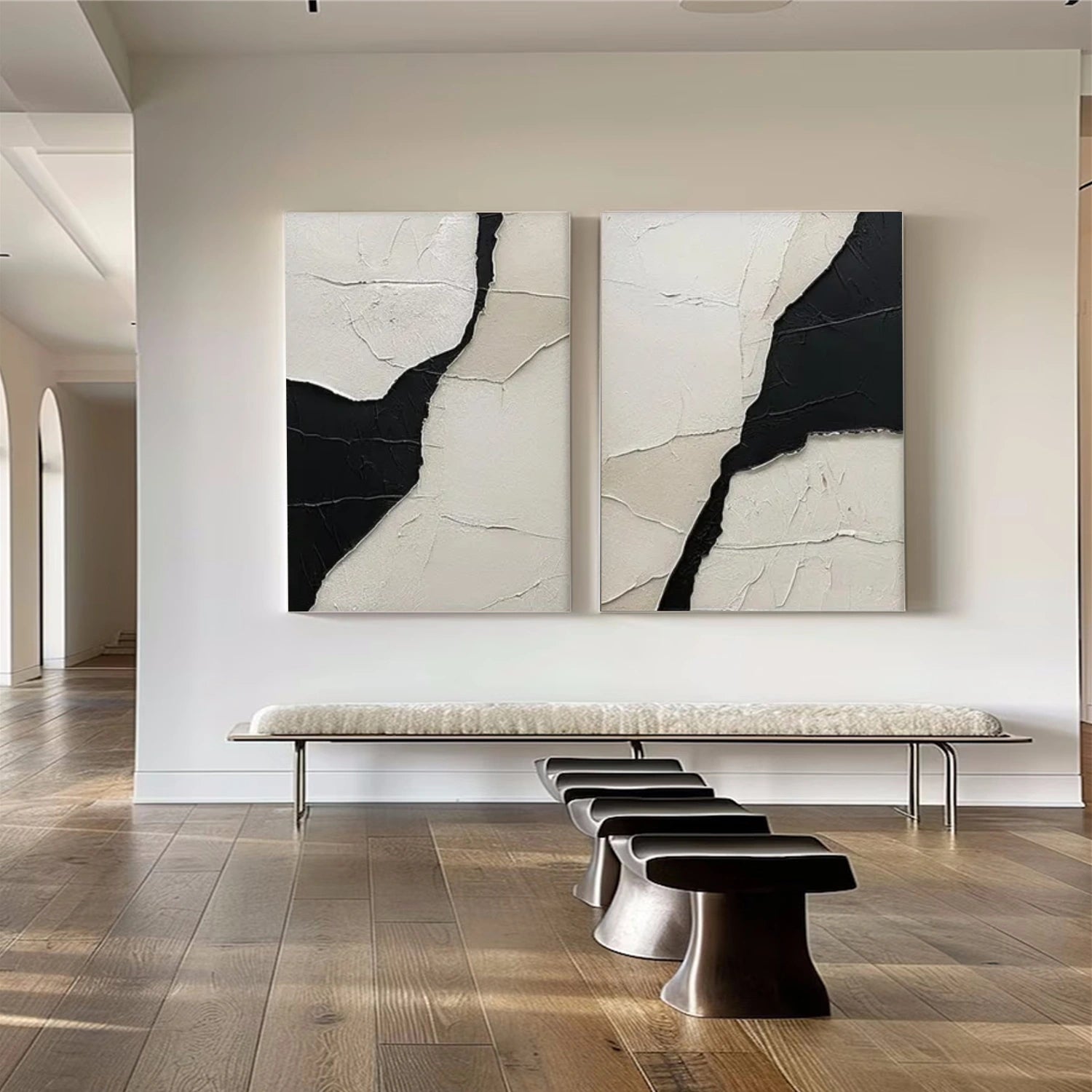 White and Black Minimalistic Textured Set of 2 Canvas Art #MZ150