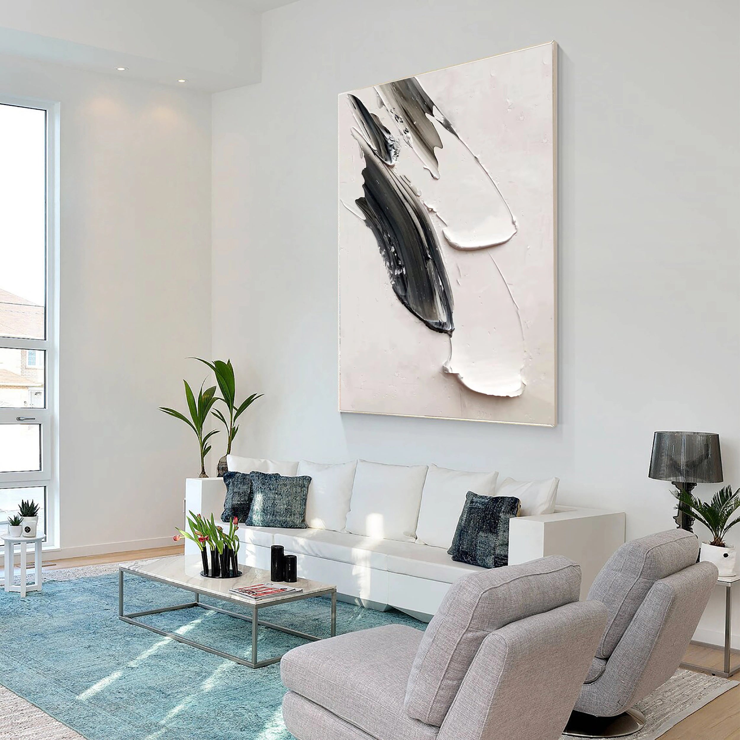 White & Black Minimalist Textured Painting Canvas #MM135