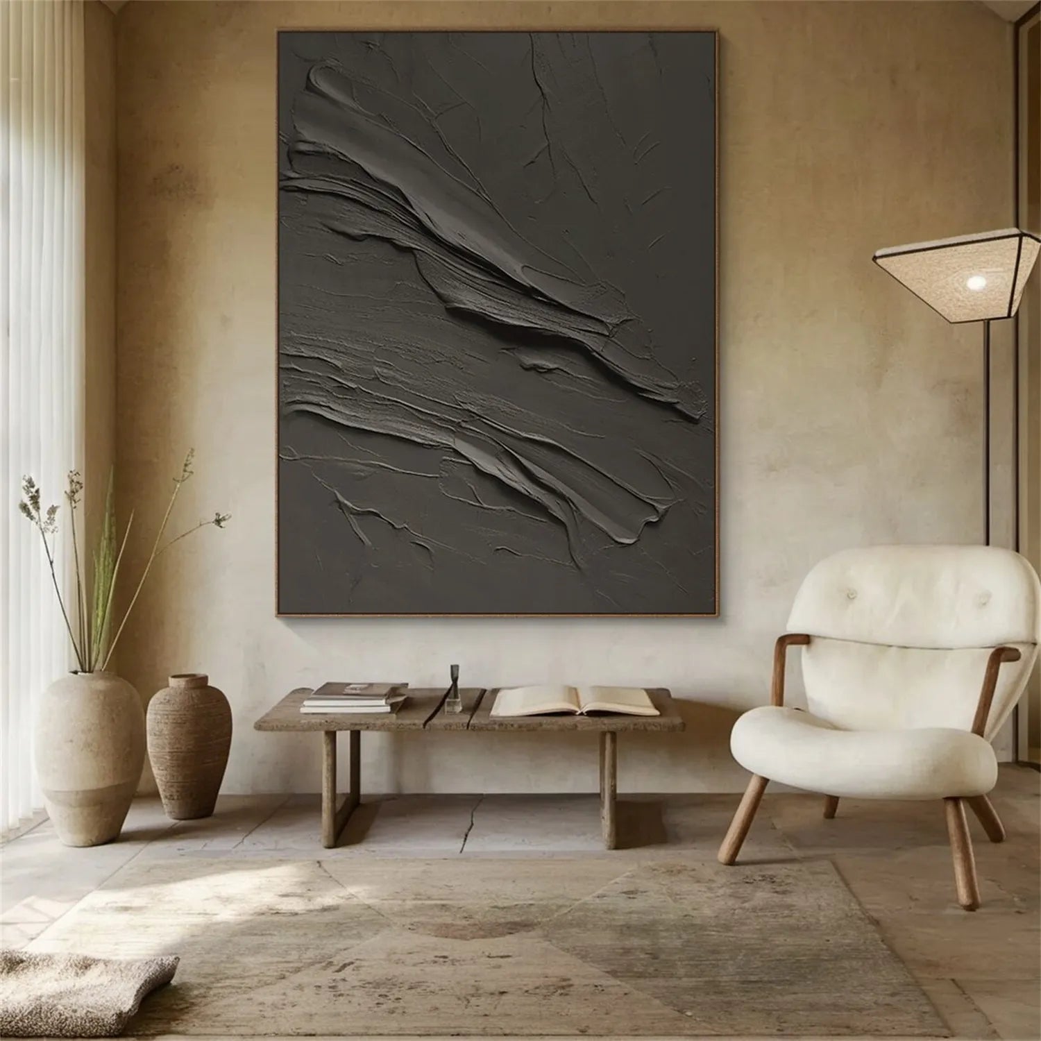 Black Plaster Art Minimalist Textured Painting #MZ110