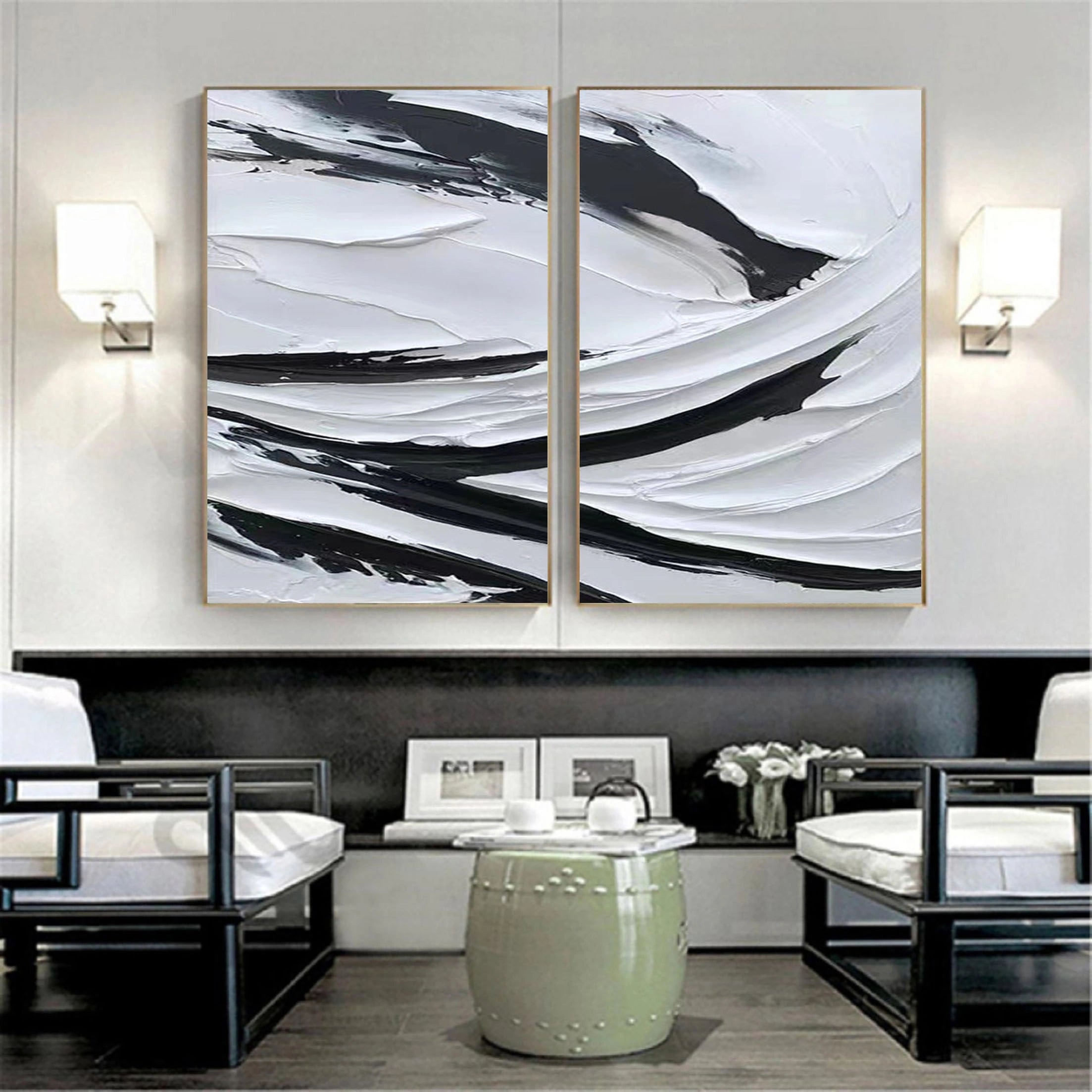 White & Black Minimalist Textured Painting Canvas #MM063