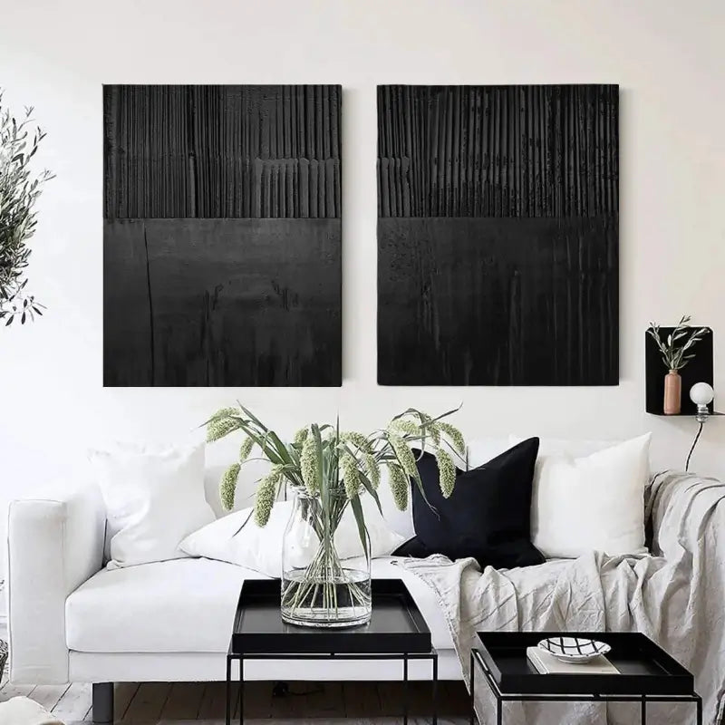 Black Minimalist Textured Painting Canvas Set of 2 #MZ028