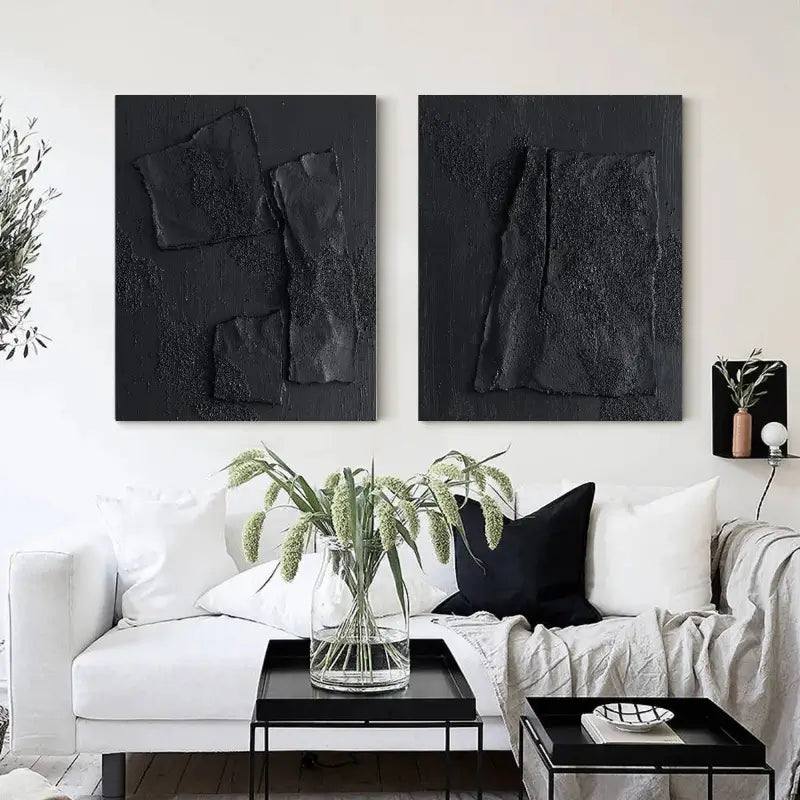 Black Plaster Art Minimalist Textured Paintings Set of 2 #MZ026