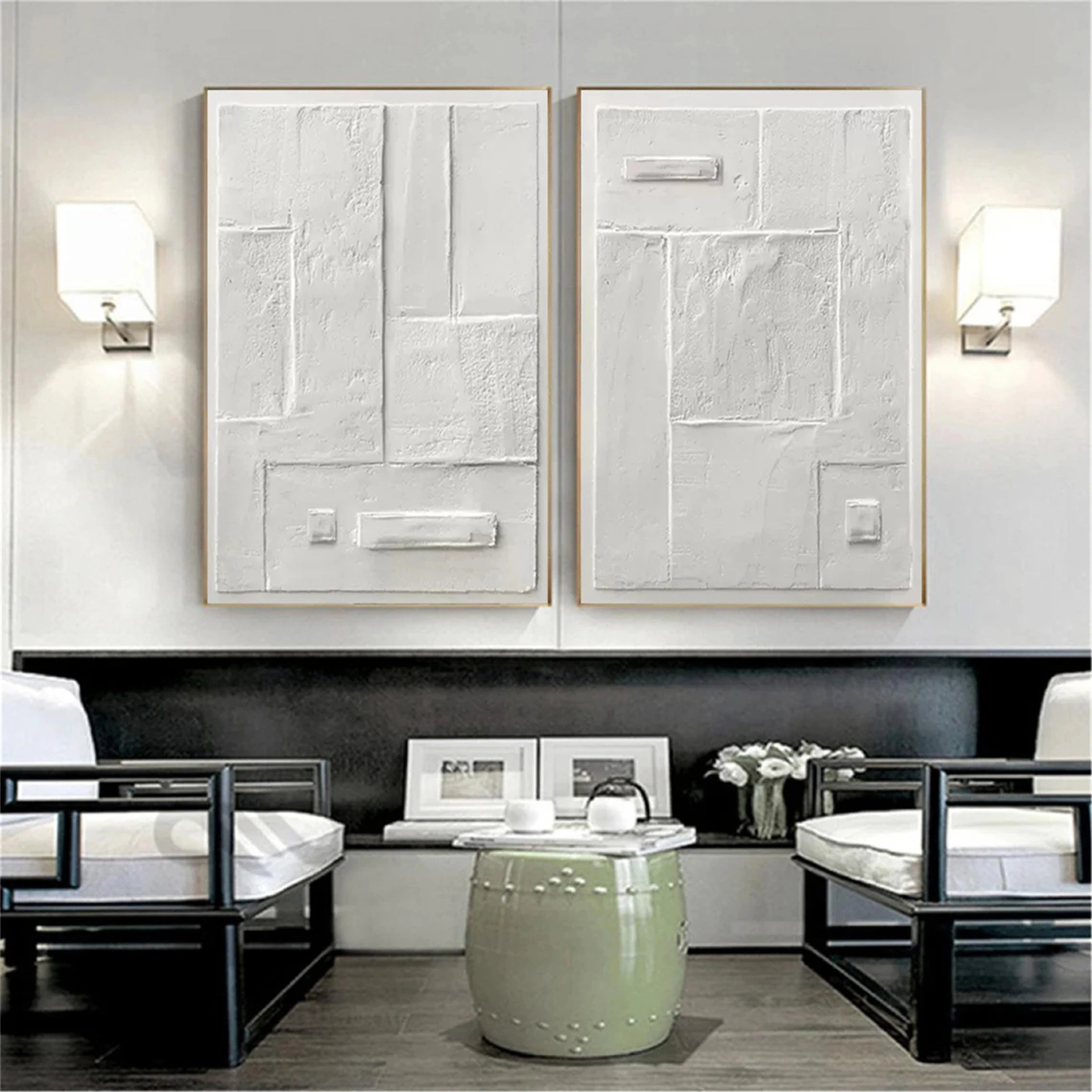 White Minimalist Textured Paintings Canvas Set of 2 #MM146