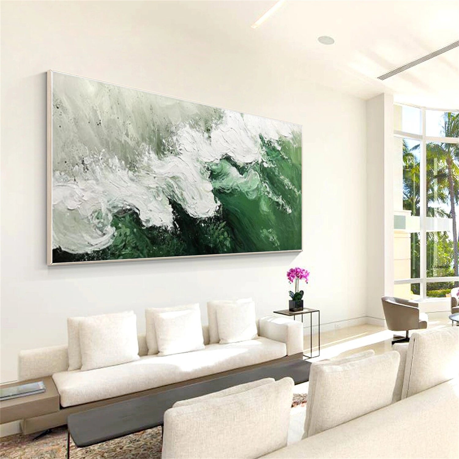 White & Green Ocean And Sky Abstract Textured Canvas Art #OS347