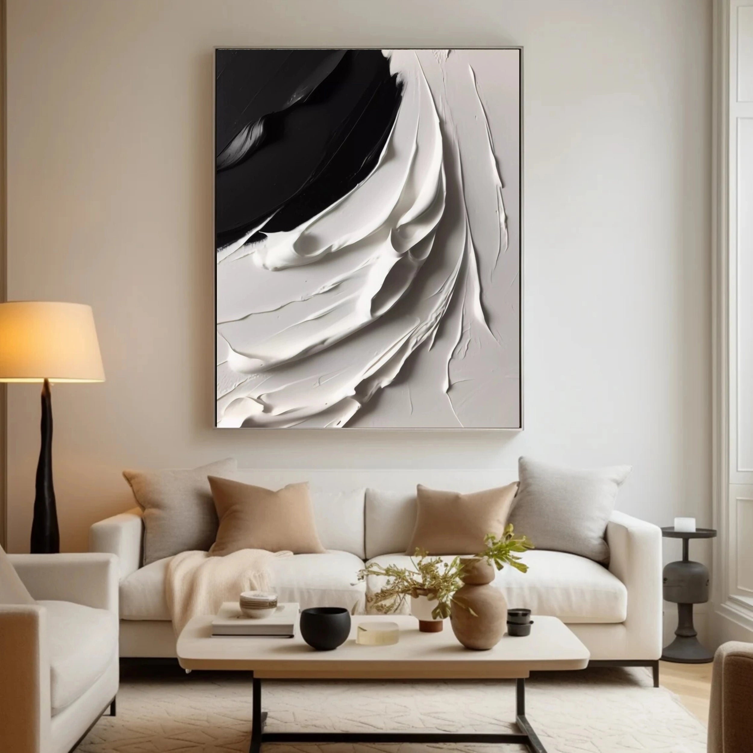White & Black Minimalist Textured Painting Canvas #MM141