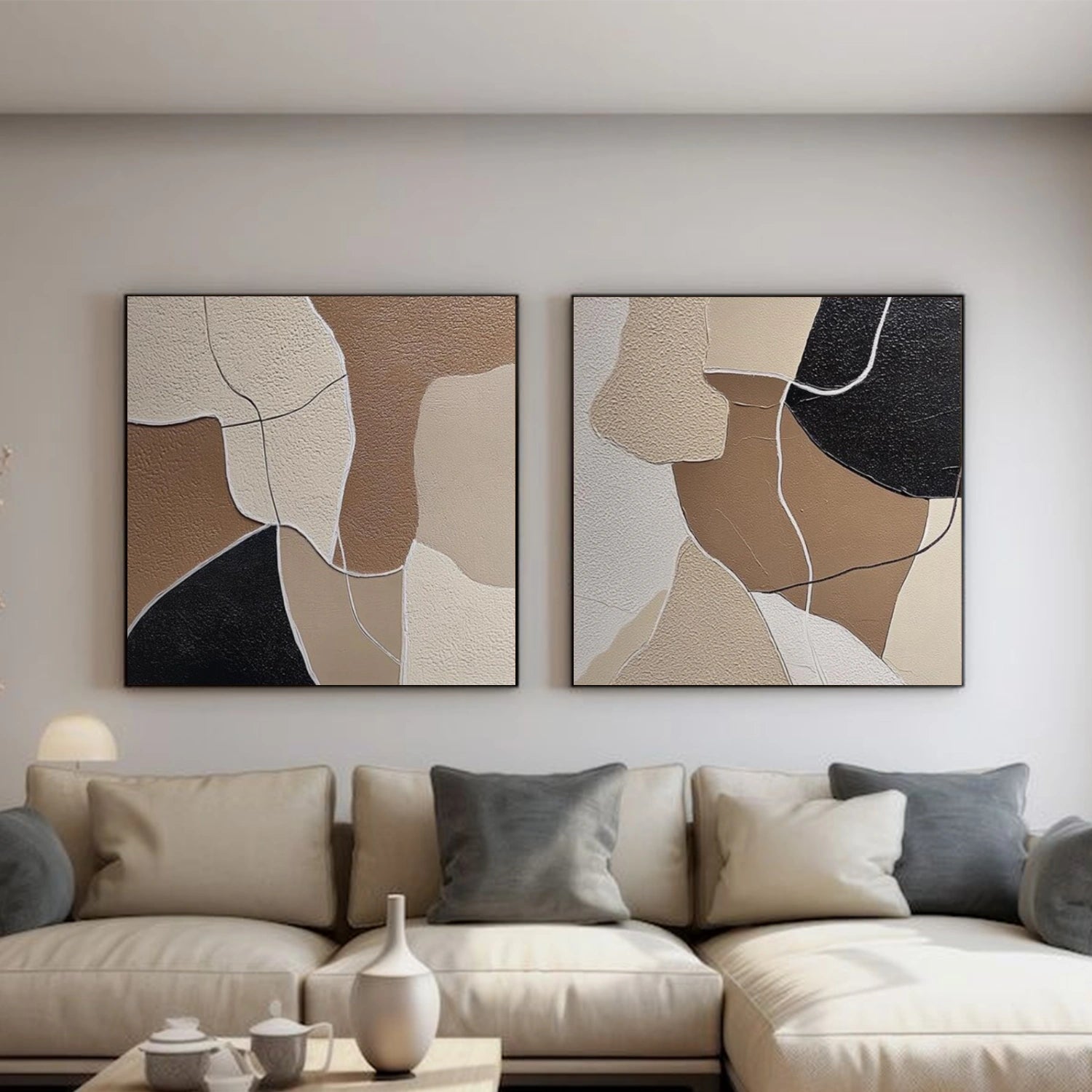 Beige & Brown Abstract Textured Square Set of 2 Wall Art #AB 562