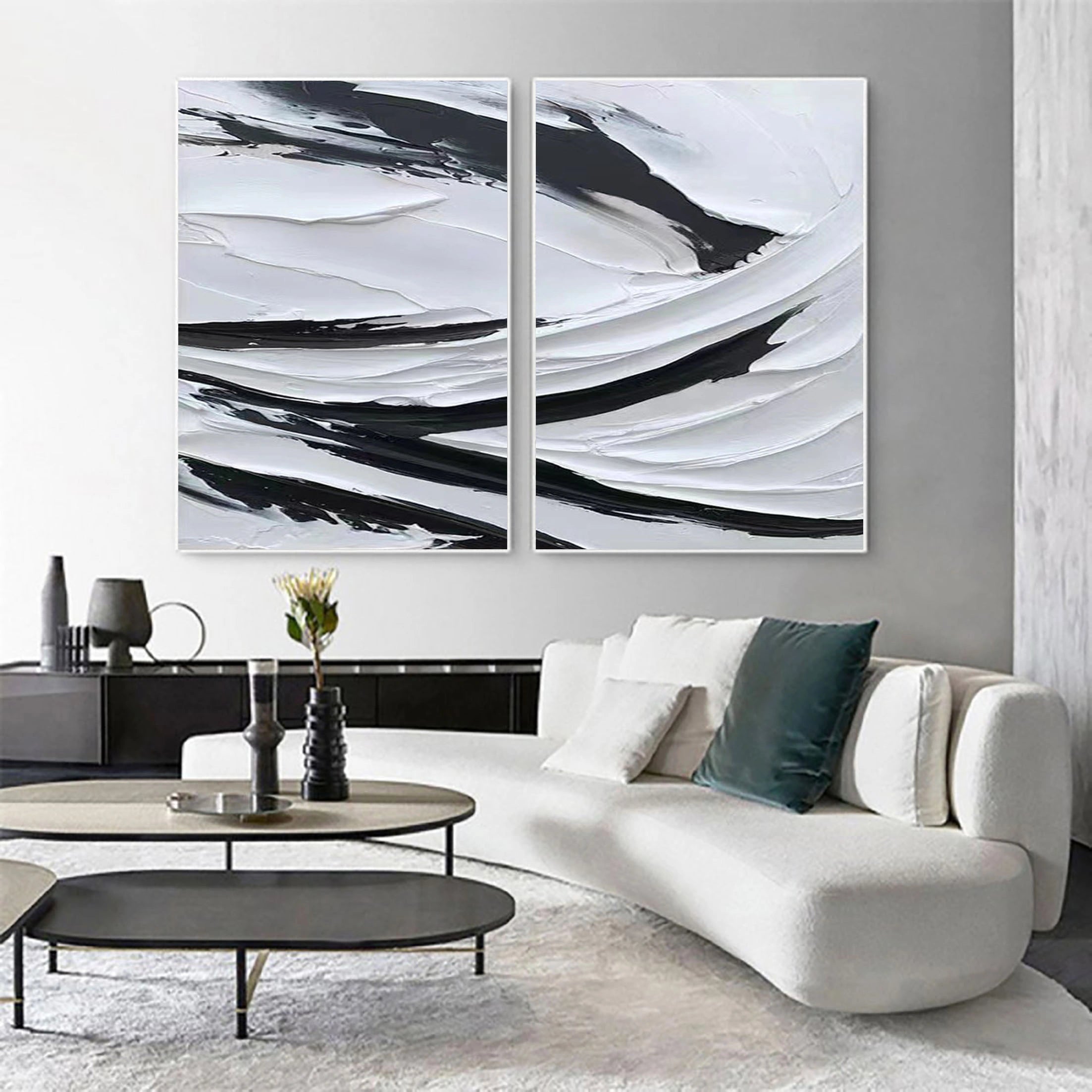 White & Black Minimalist Textured Painting Canvas #MM063