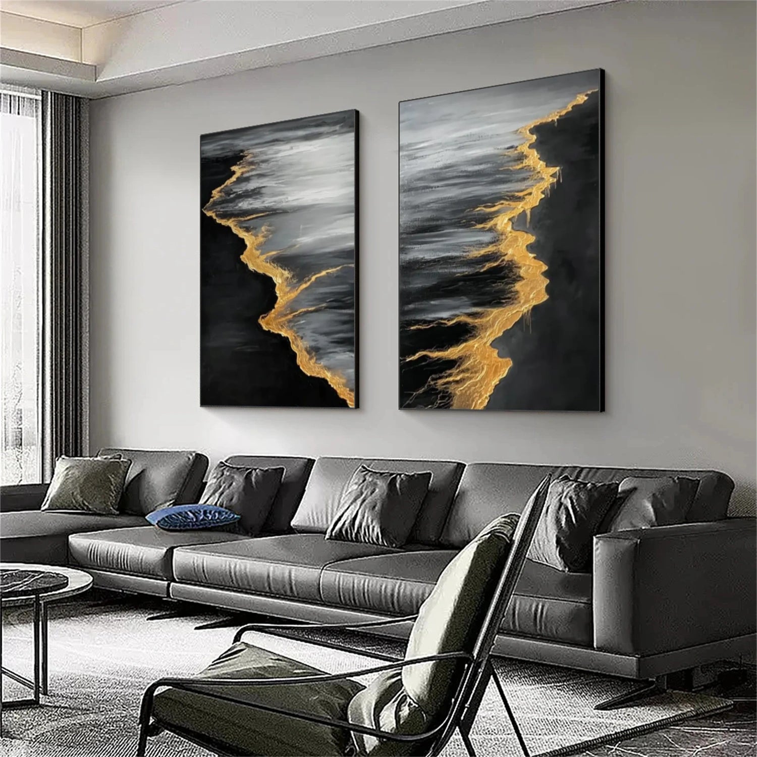 Black & Gold Ocean And Sky Abstract Textured Set of 2 Canvas Art #OS 313