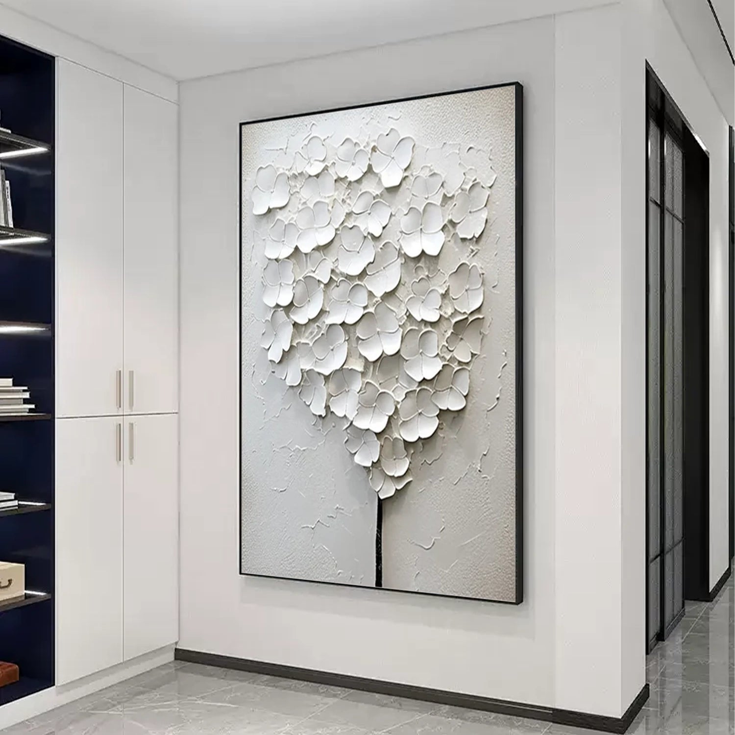 White Flower & Tree Abstract Texturte Canvas Art #FT 243