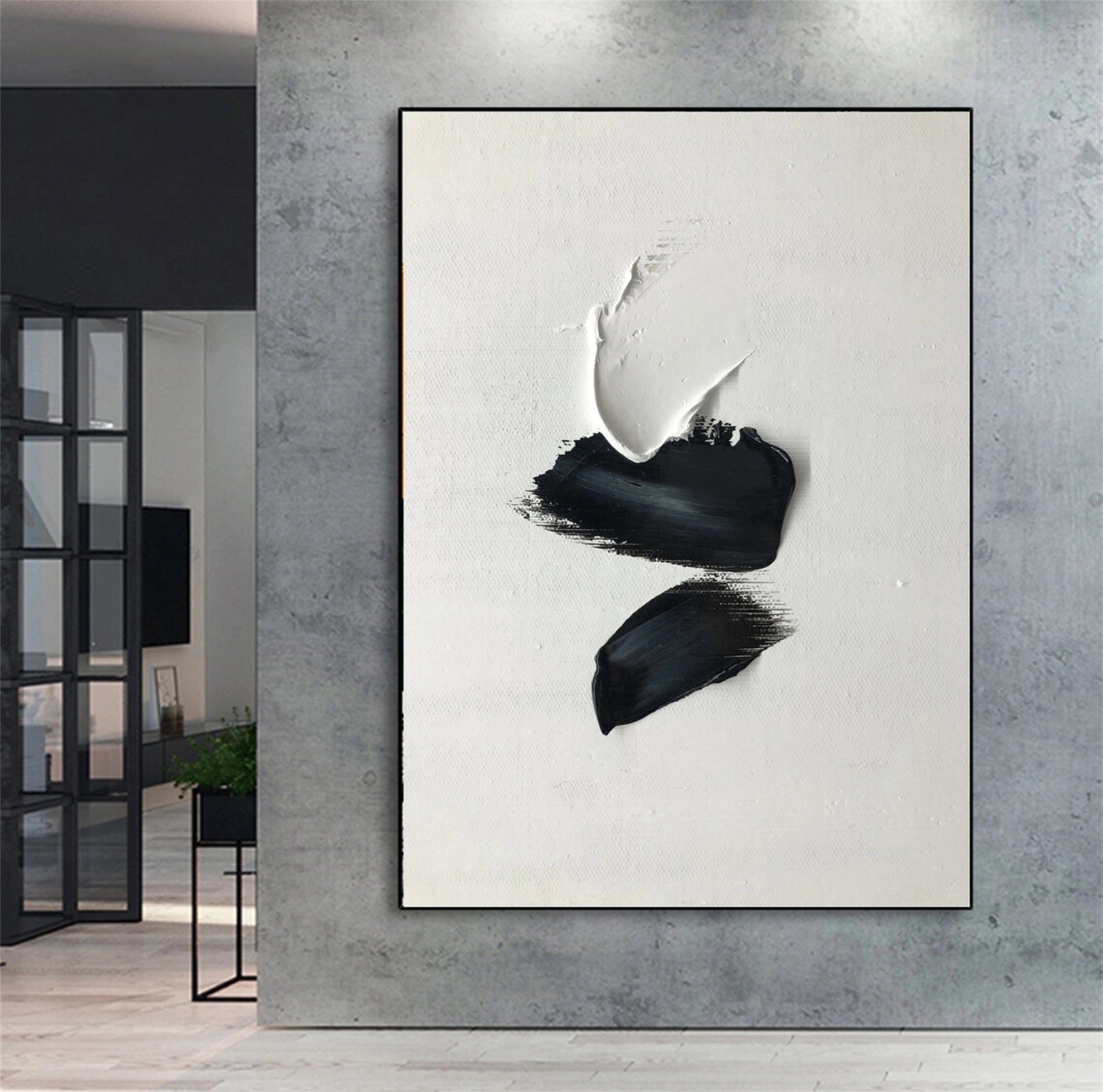 White & Black Minimalist Textured Painting Canvas #MM136