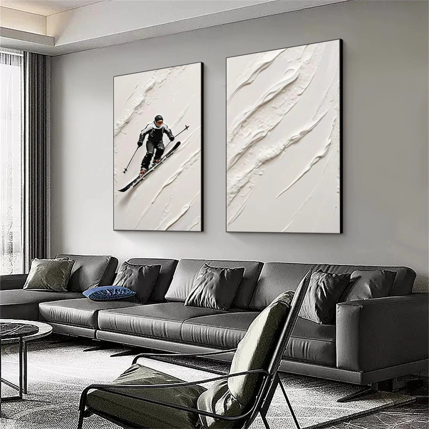 Beige & Black Skiing Sport Art Textured Set of 2 Painting Canvas # SA037