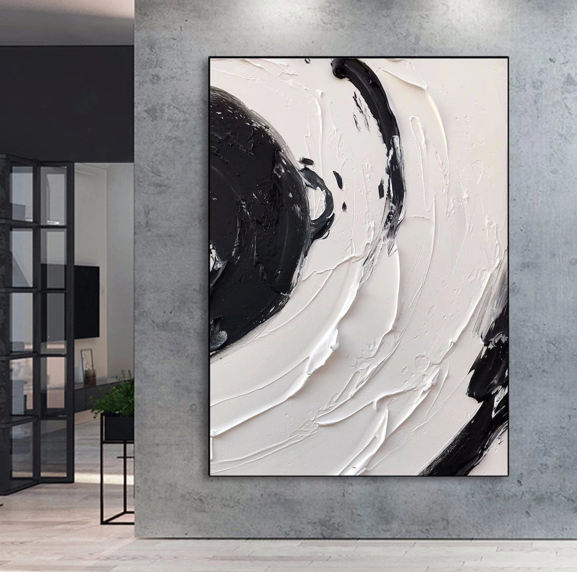 White & Black Minimalist Textured Painting Canvas #MM139