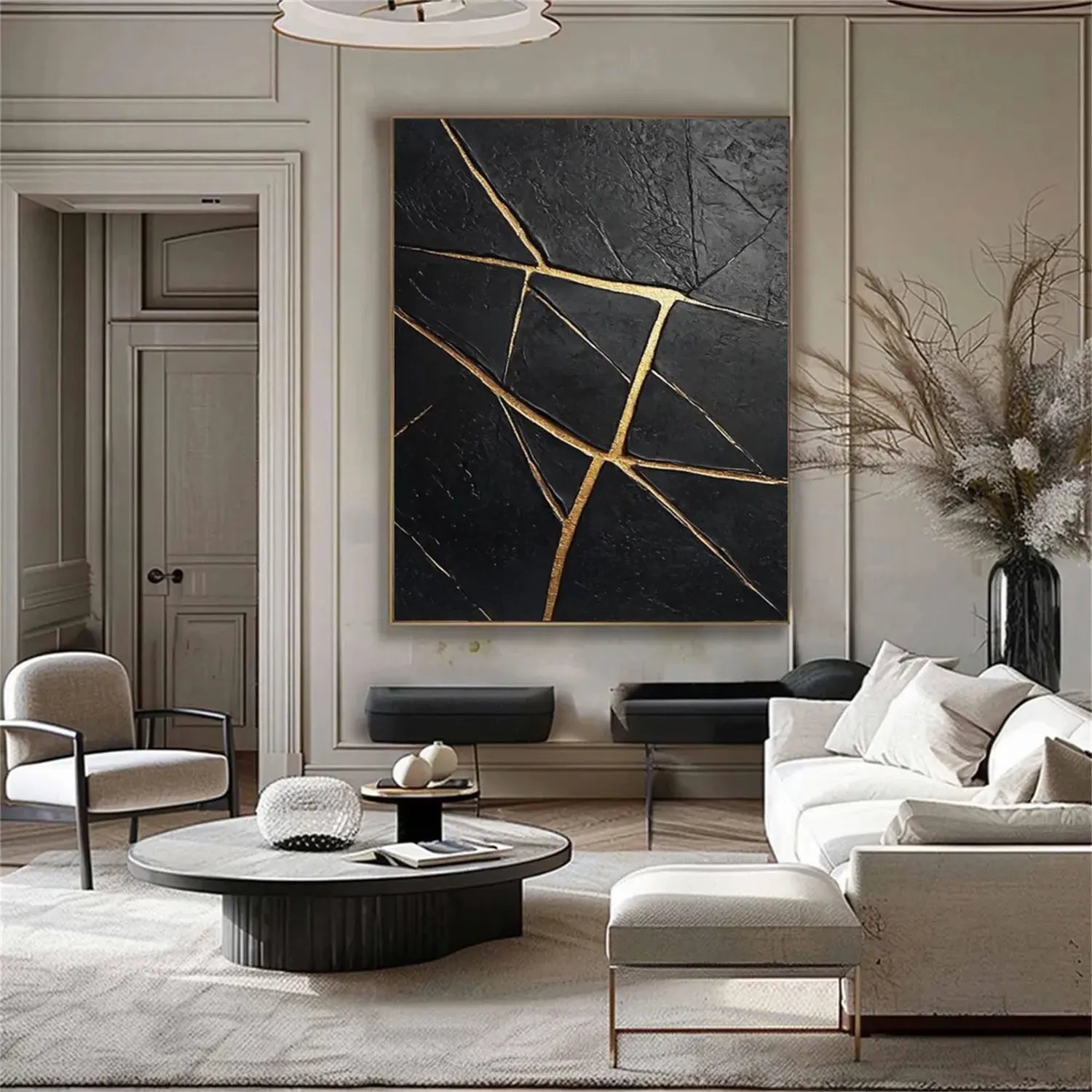 Black Gold Minimalist Textured Painting Canvas #MZ121