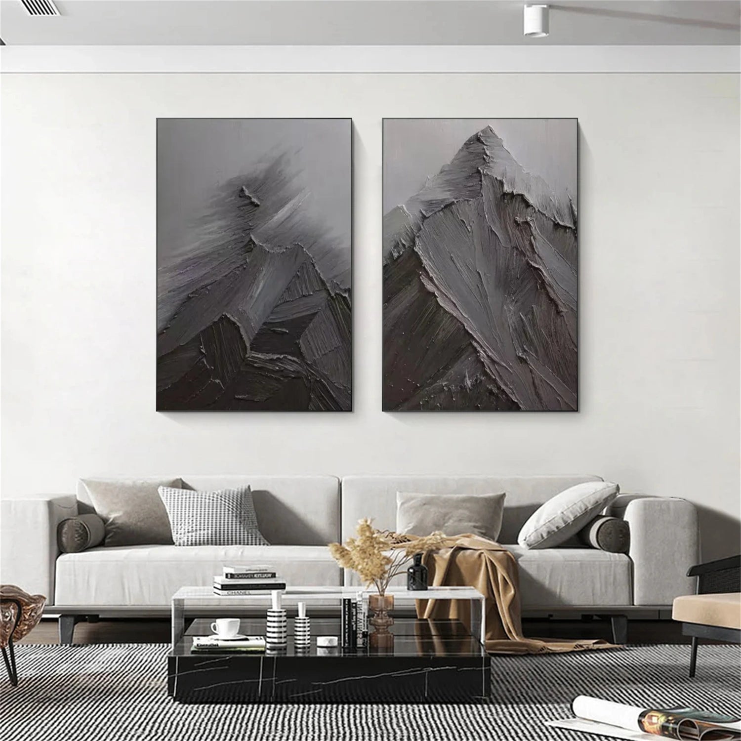 Black Minimalist Mountain Textured Set Of 2 Painting #MZ148