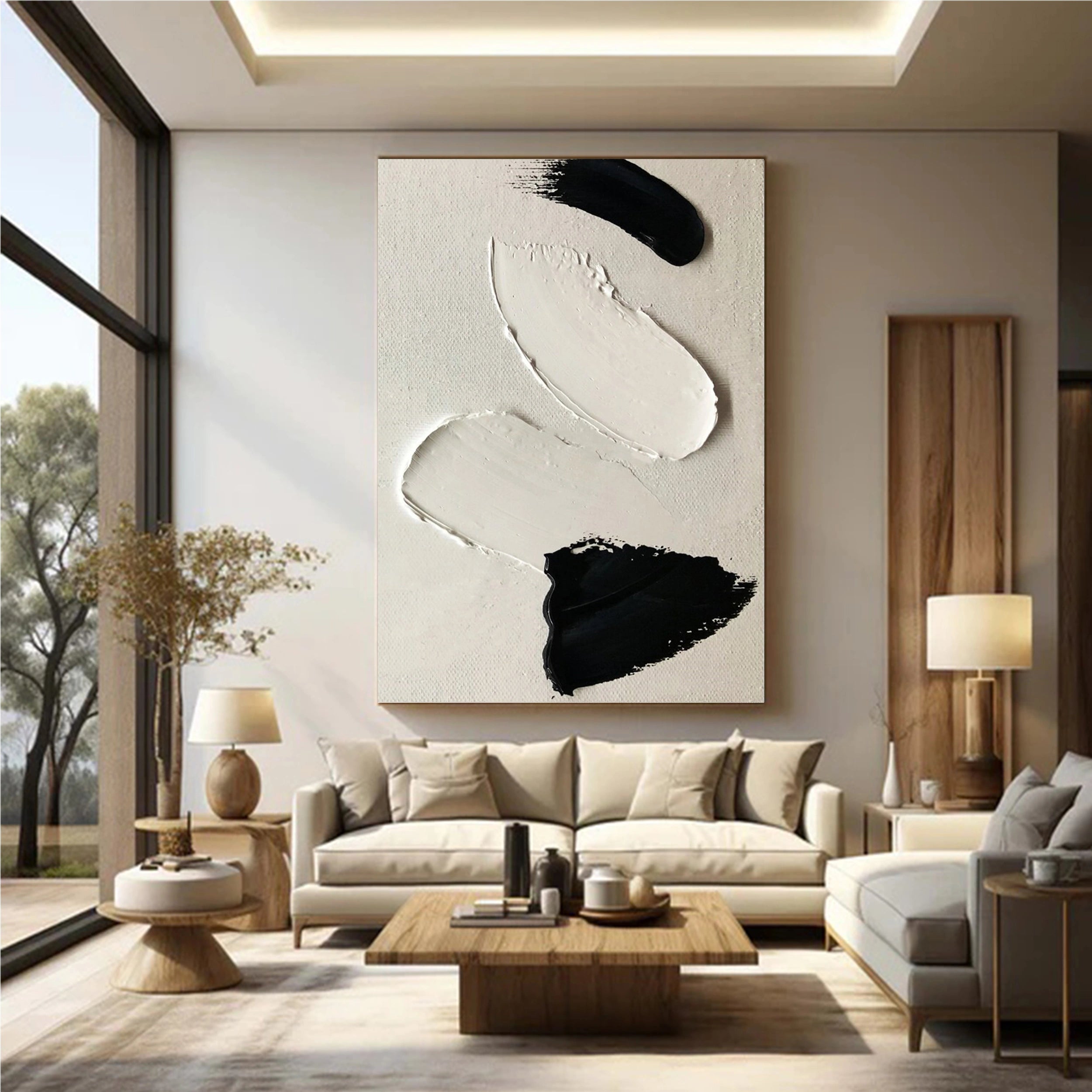 White & Black Minimalist Textured Painting Canvas #MM138